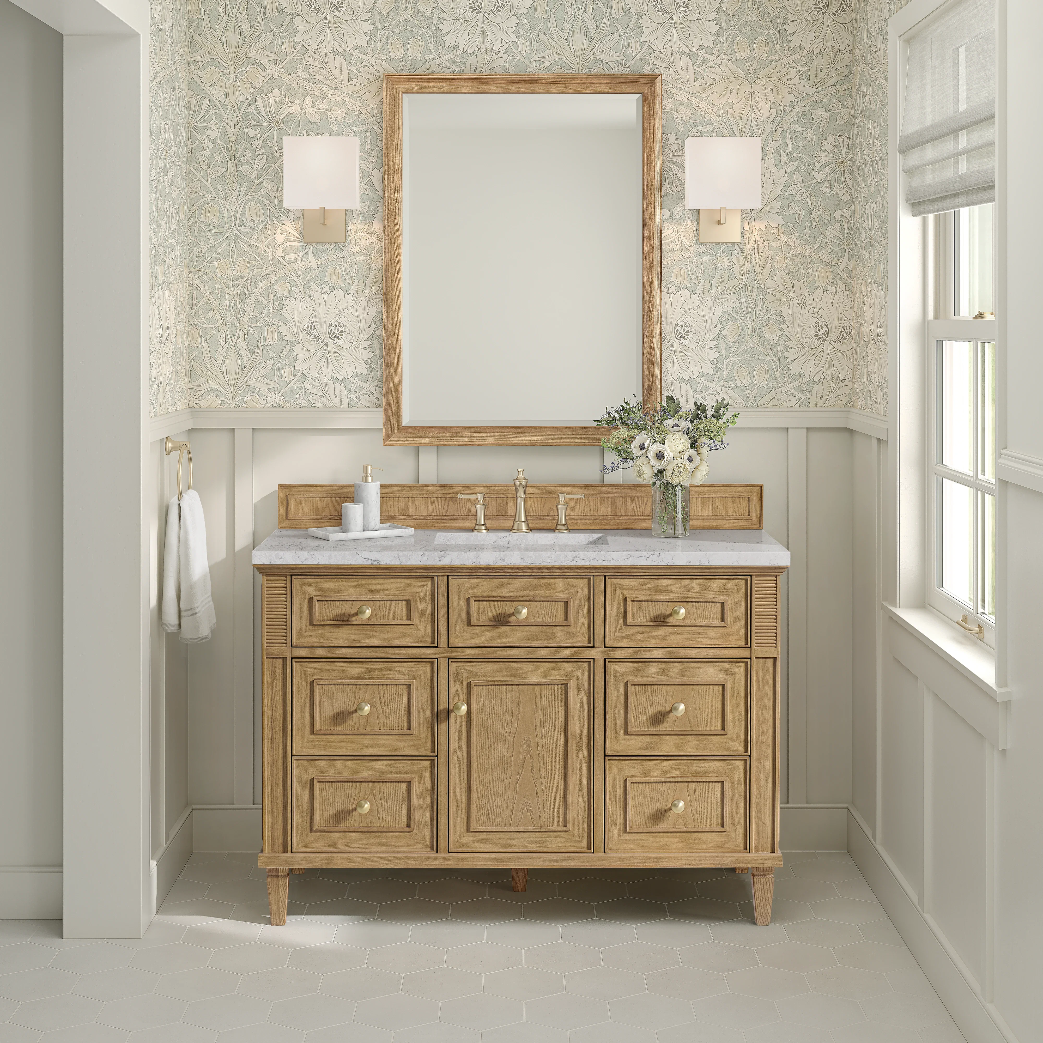 Lorelai 48" Single Vanity, Light Natural Oak w/ 3 CM Eternal Jasmine Pearl Silestone Top