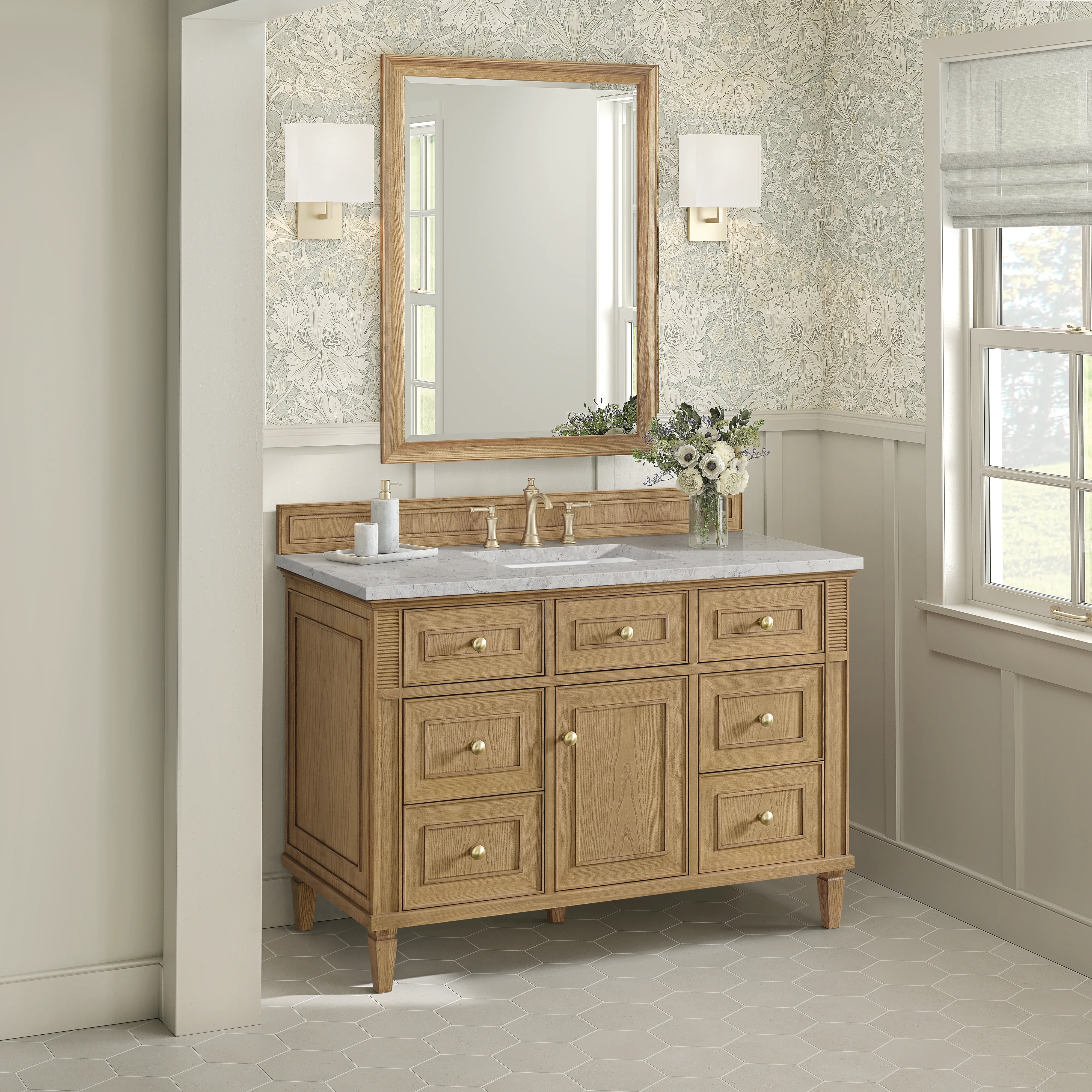 Lorelai 48" Single Vanity, Light Natural Oak w/ 3 CM Eternal Jasmine Pearl Silestone Top