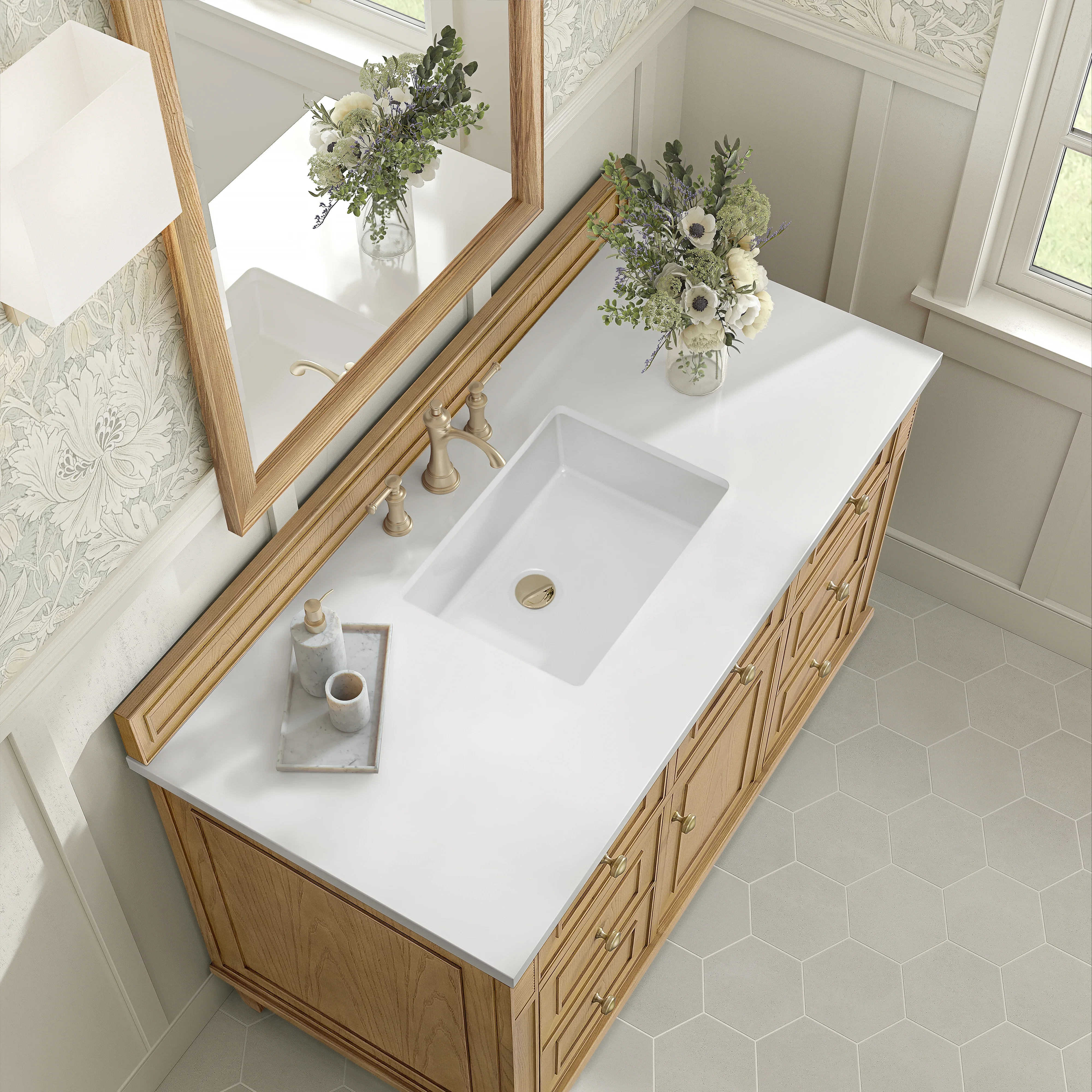 Lorelai 48" Single Vanity, Light Natural Oak w/ 3 CM White Zeus Silestone Top