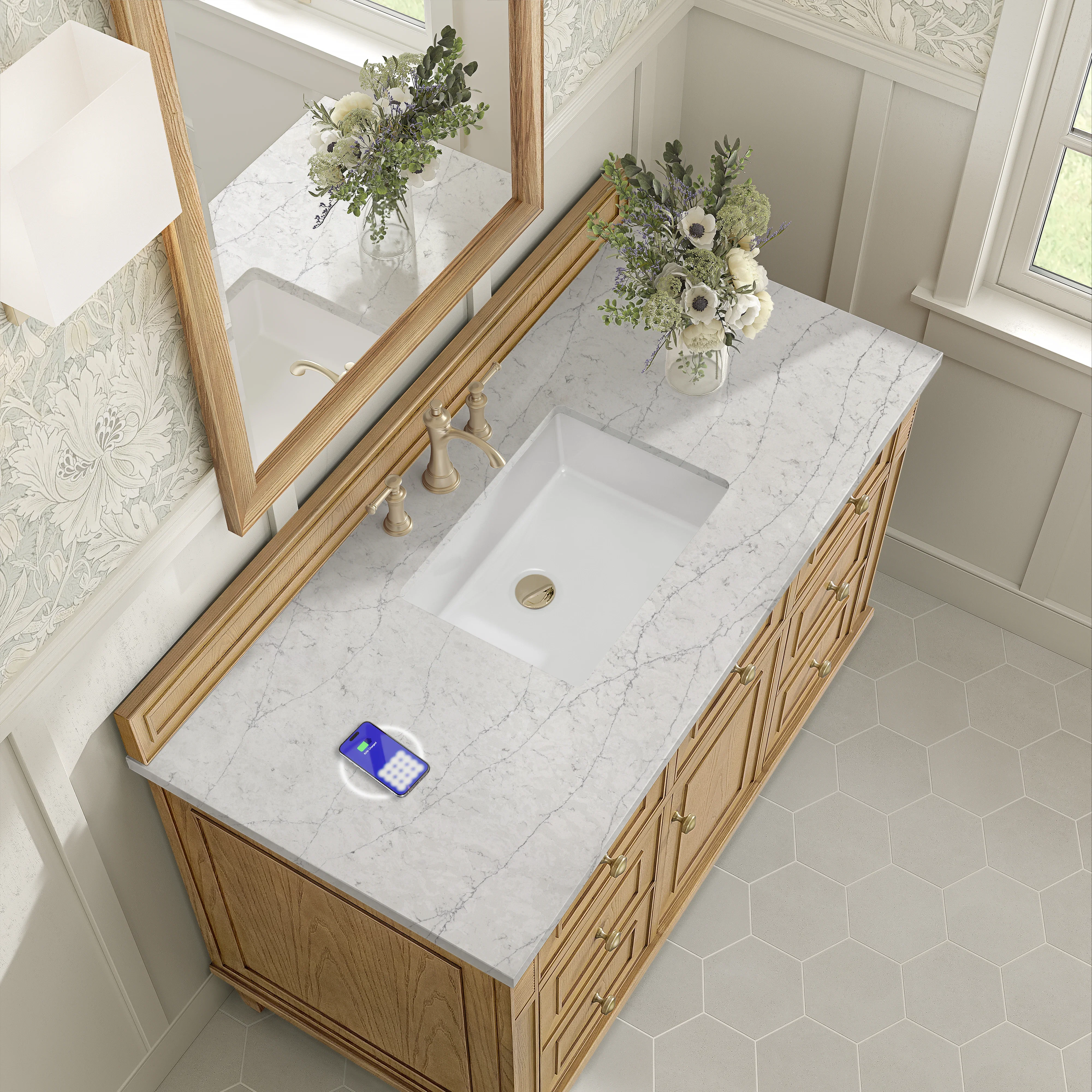 Lorelai 48" Single Vanity, Light Natural Oak w/ 3 CM Eternal Jasmine Pearl Silestone Top w/FreePower Wireless Charger