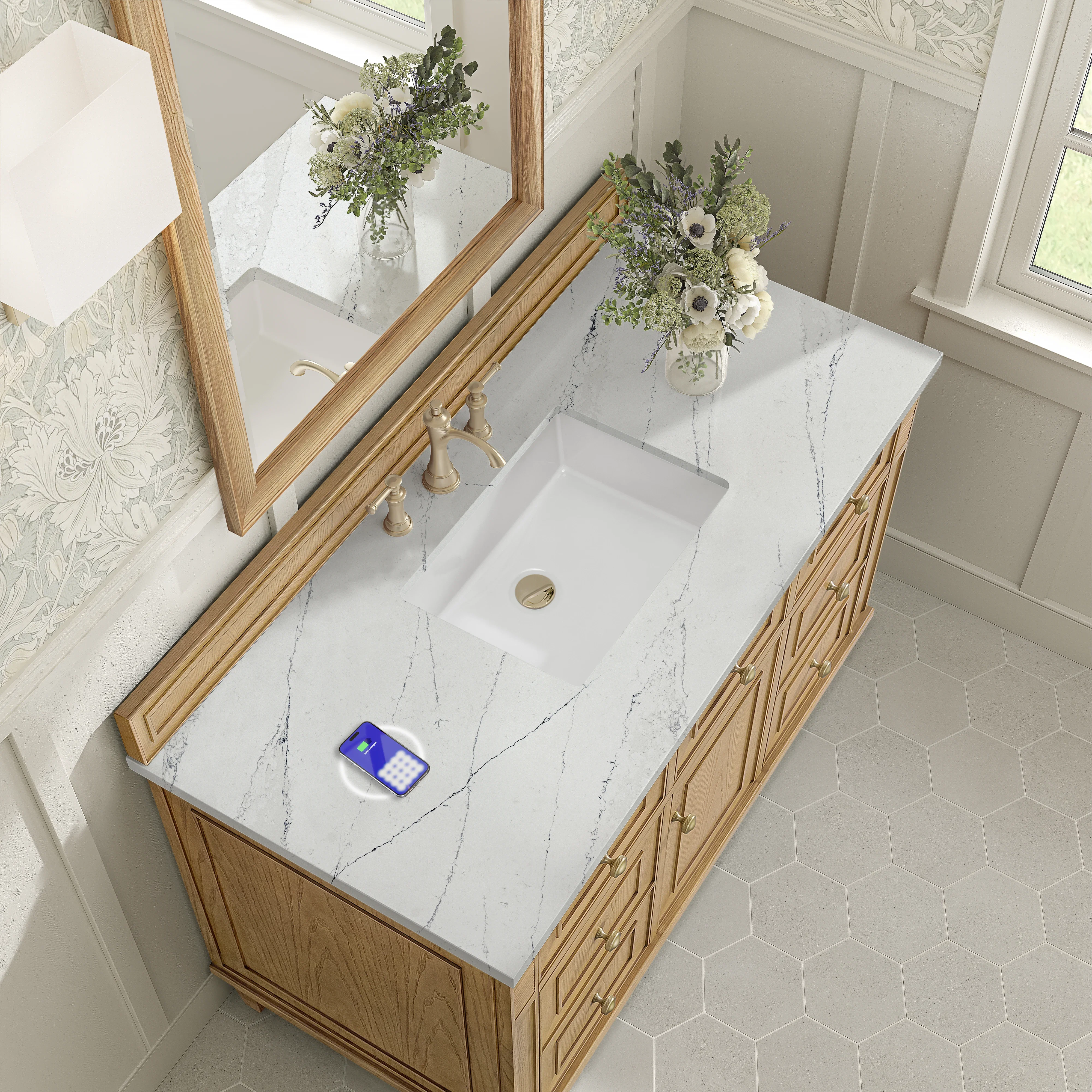 Lorelai 48" Single Vanity, Light Natural Oak w/ 3 CM Ethereal Noctis Silestone Top w/FreePower Wireless Charger
