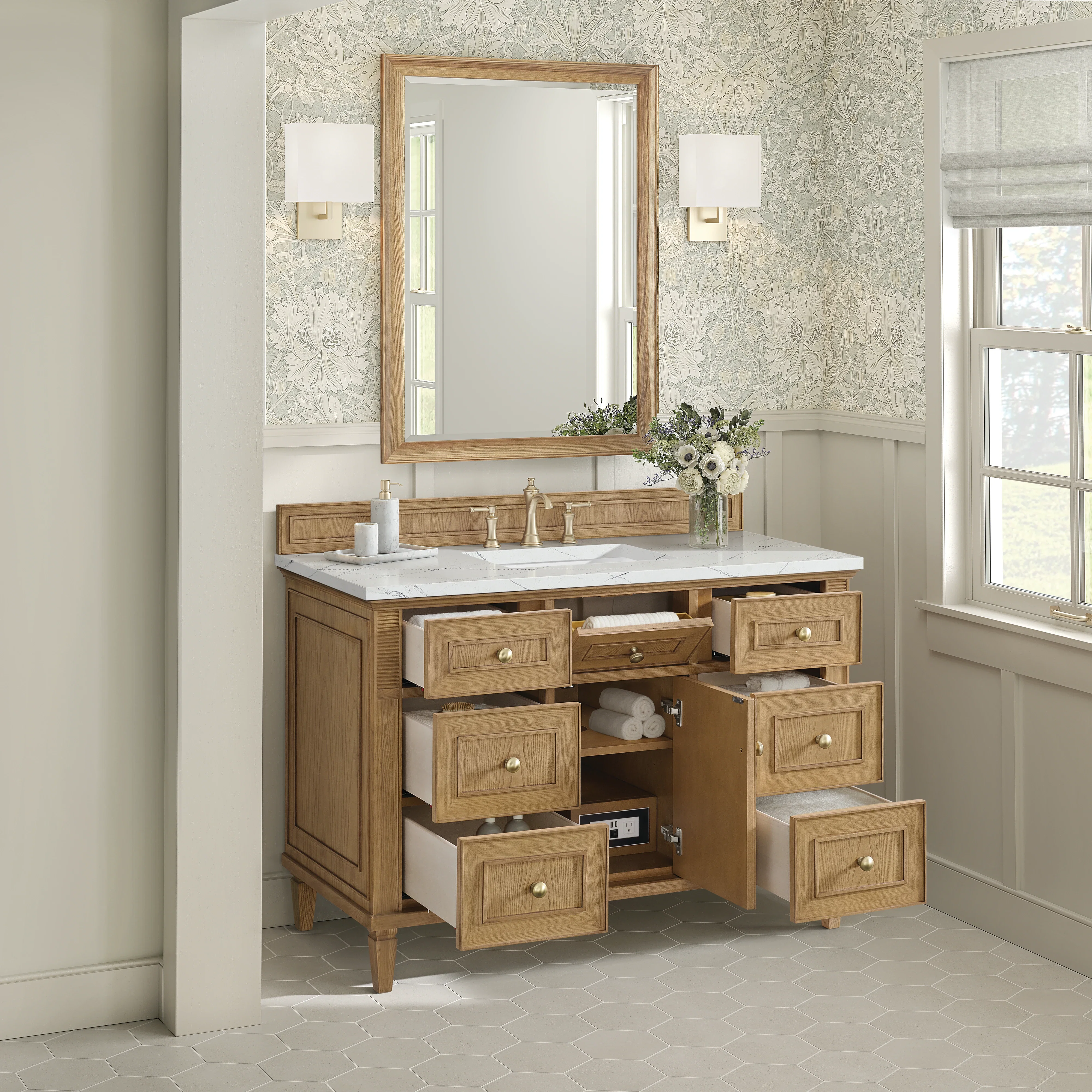 Lorelai 48" Single Vanity, Light Natural Oak w/ 3 CM Ethereal Noctis Silestone Top w/FreePower Wireless Charger