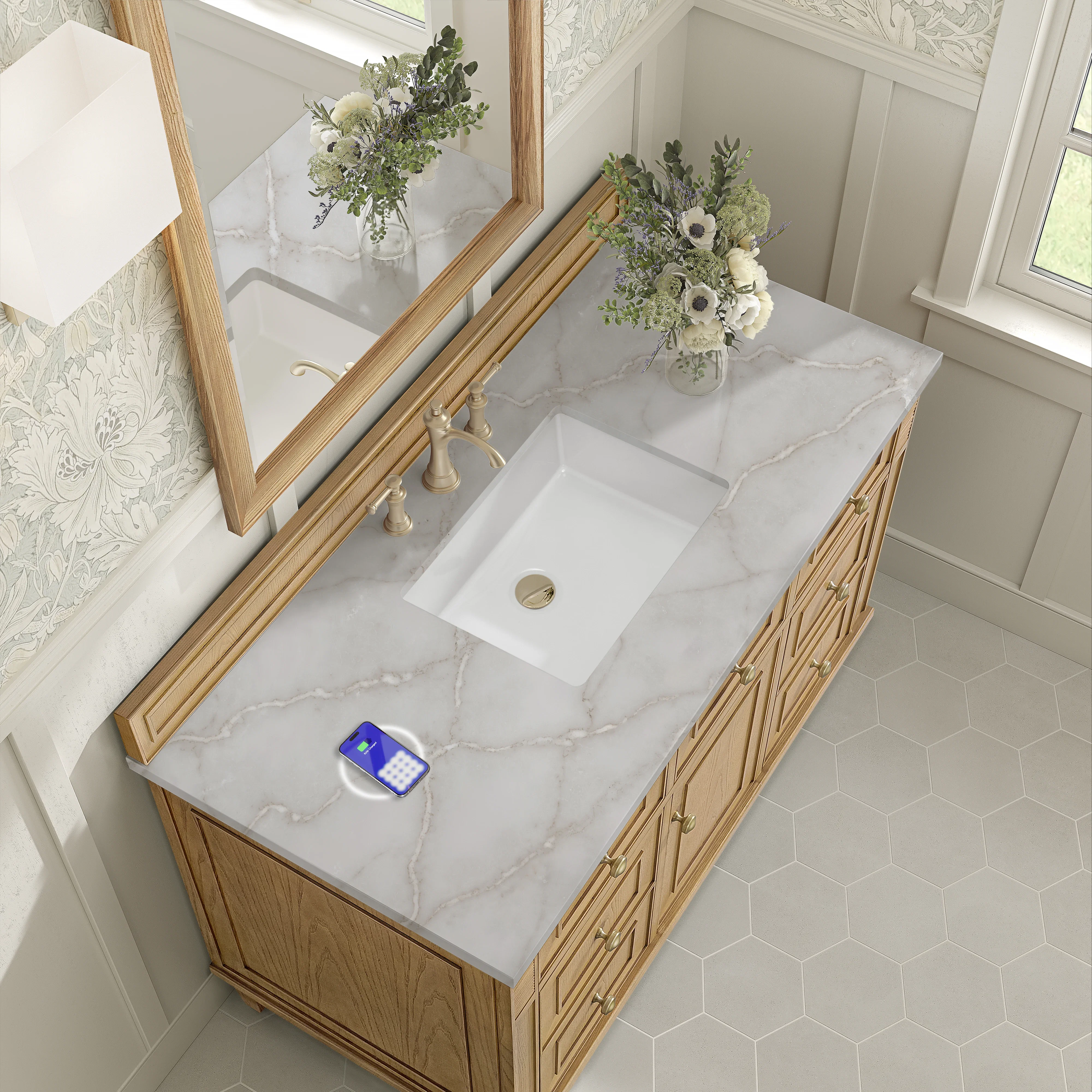 Lorelai 48" Single Vanity, Light Natural Oak w/ 3 CM Victorian Silver Silestone Top w/FreePower Wireless Charger