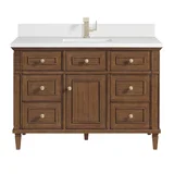Lorelai 48" Single Vanity, Mid-Century Walnut w/ Single Hole 3 CM White Zeus Silestone Top & Backsplash
