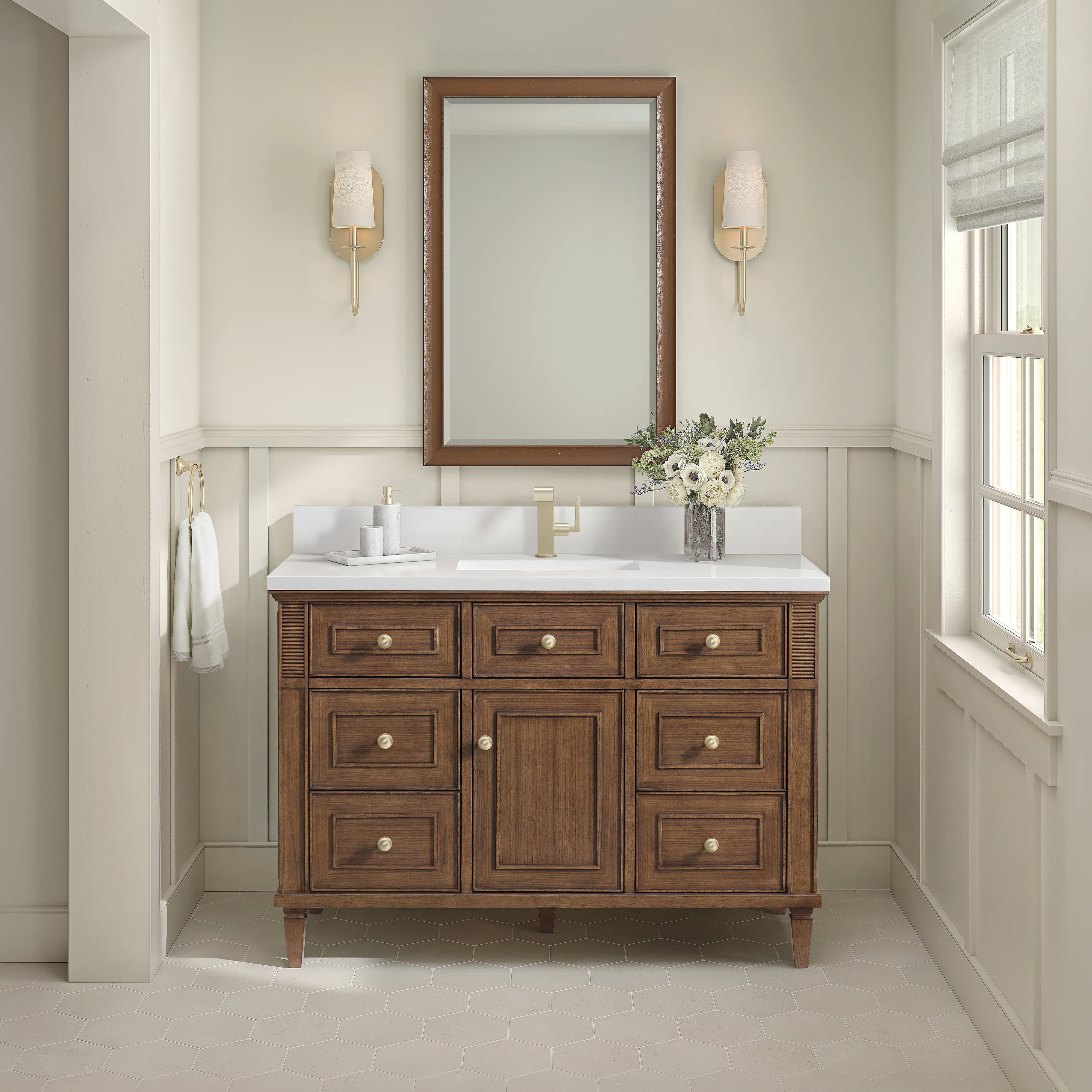 Lorelai 48" Single Vanity, Mid-Century Walnut w/ Single Hole 3 CM White Zeus Silestone Top & Backsplash