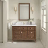 Lorelai 48" Single Vanity, Mid-Century Walnut w/ Single Hole 3 CM White Zeus Silestone Top & Backsplash