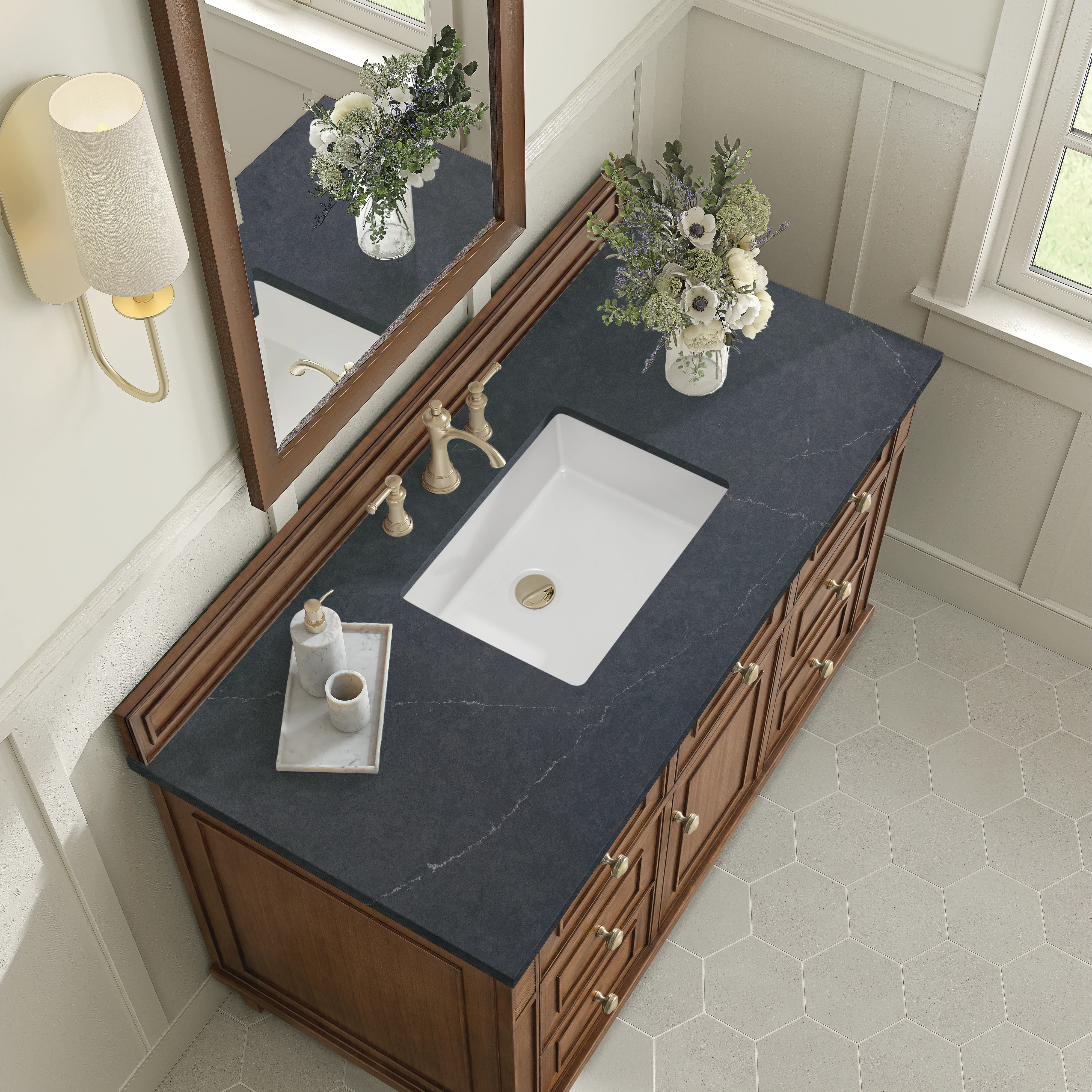 Lorelai 48" Single Vanity, Mid-Century Walnut w/ 3 CM Charcoal Soapstone Silestone Top