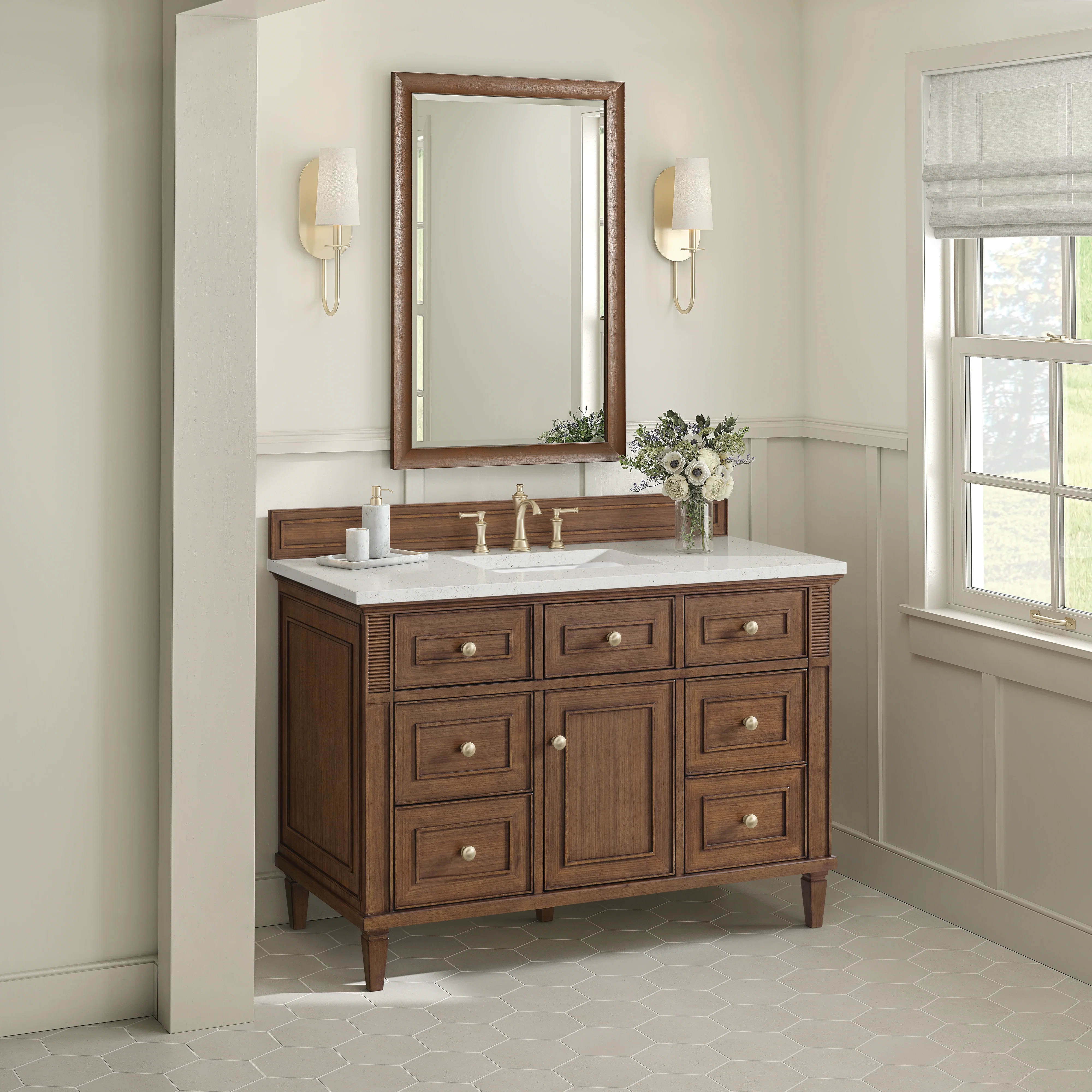 Lorelai 48" Single Vanity, Mid-Century Walnut w/ 3 CM Lime Delight Silestone Top