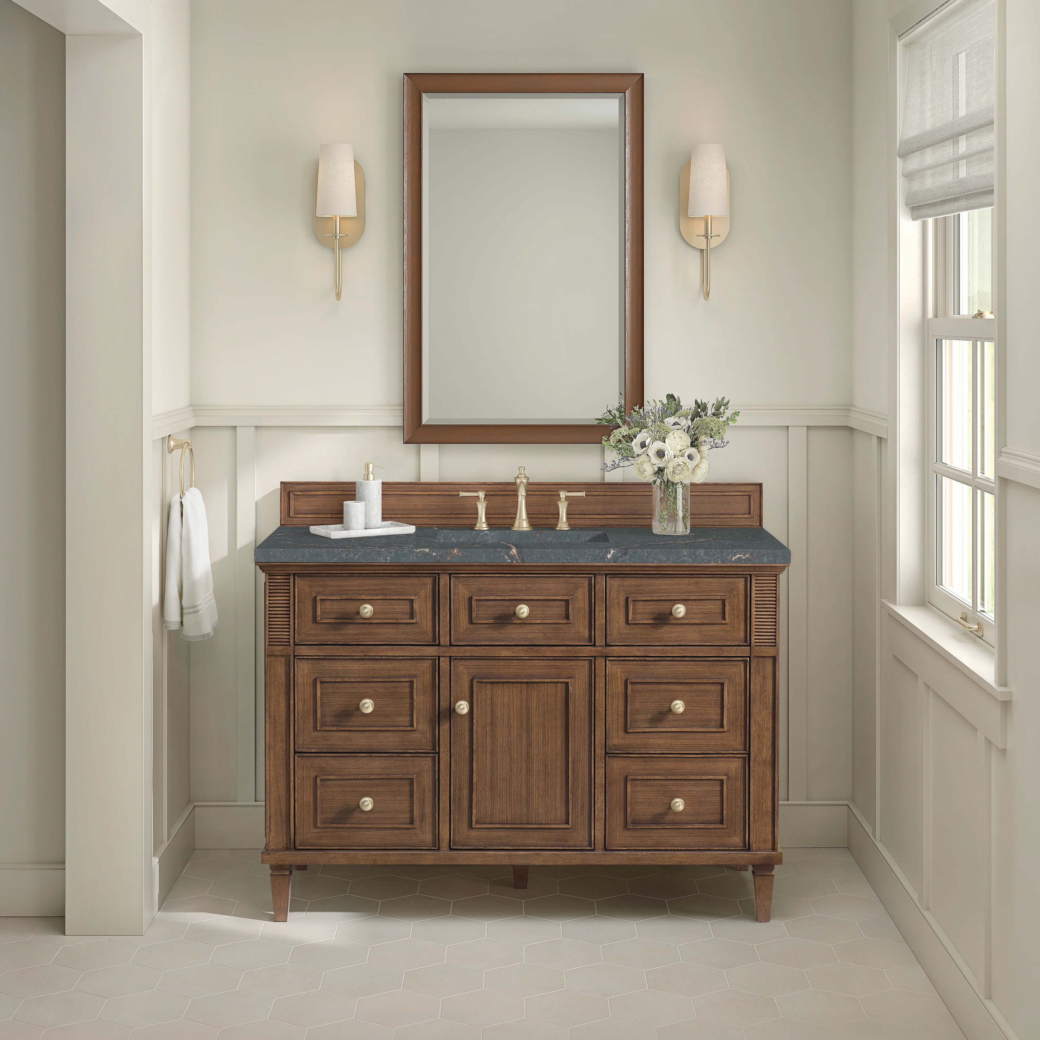 Lorelai 48" Single Vanity, Mid-Century Walnut w/ 3 CM Parisien Bleu Silestone Top
