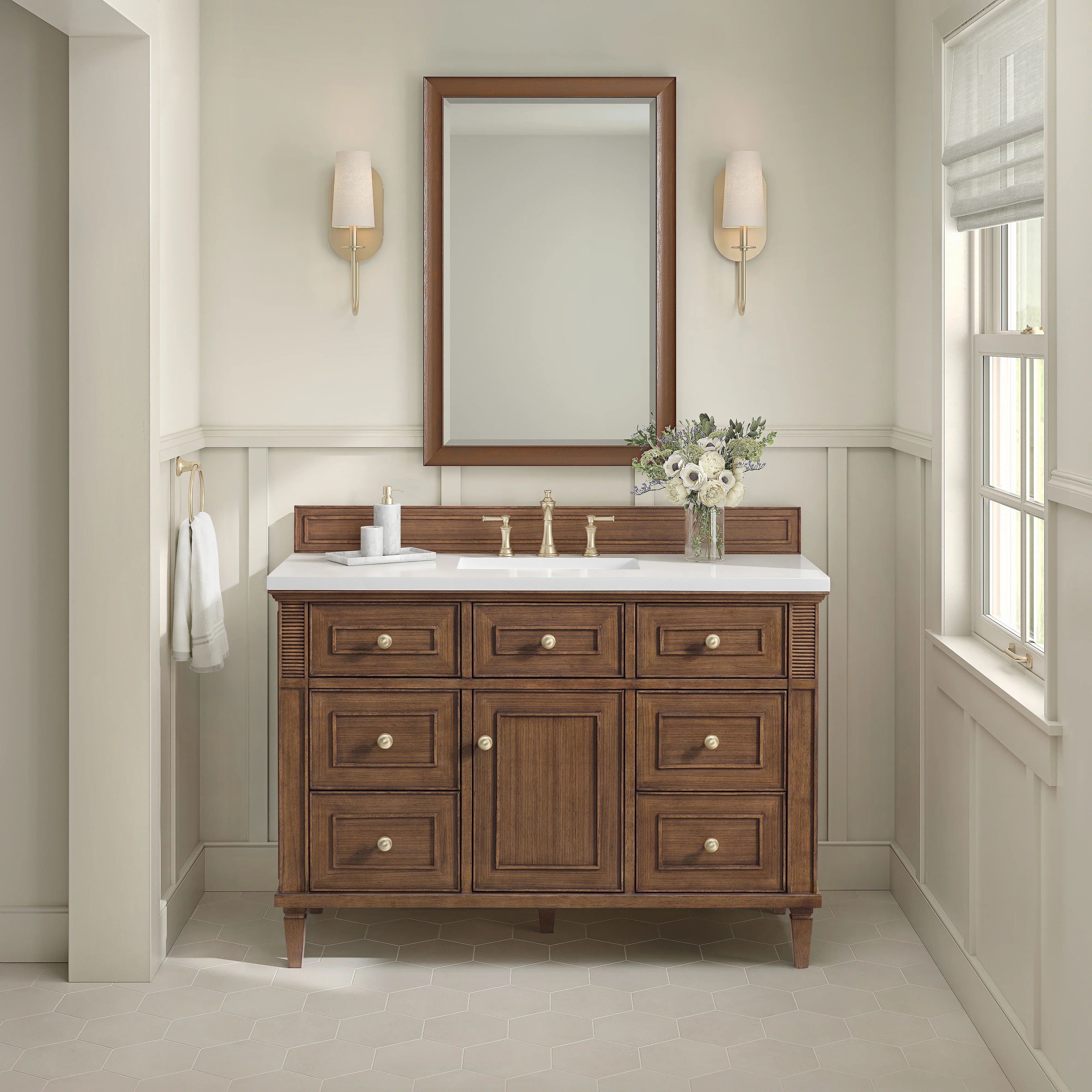 Lorelai 48" Single Vanity, Mid-Century Walnut w/ 3 CM White Zeus Silestone Top