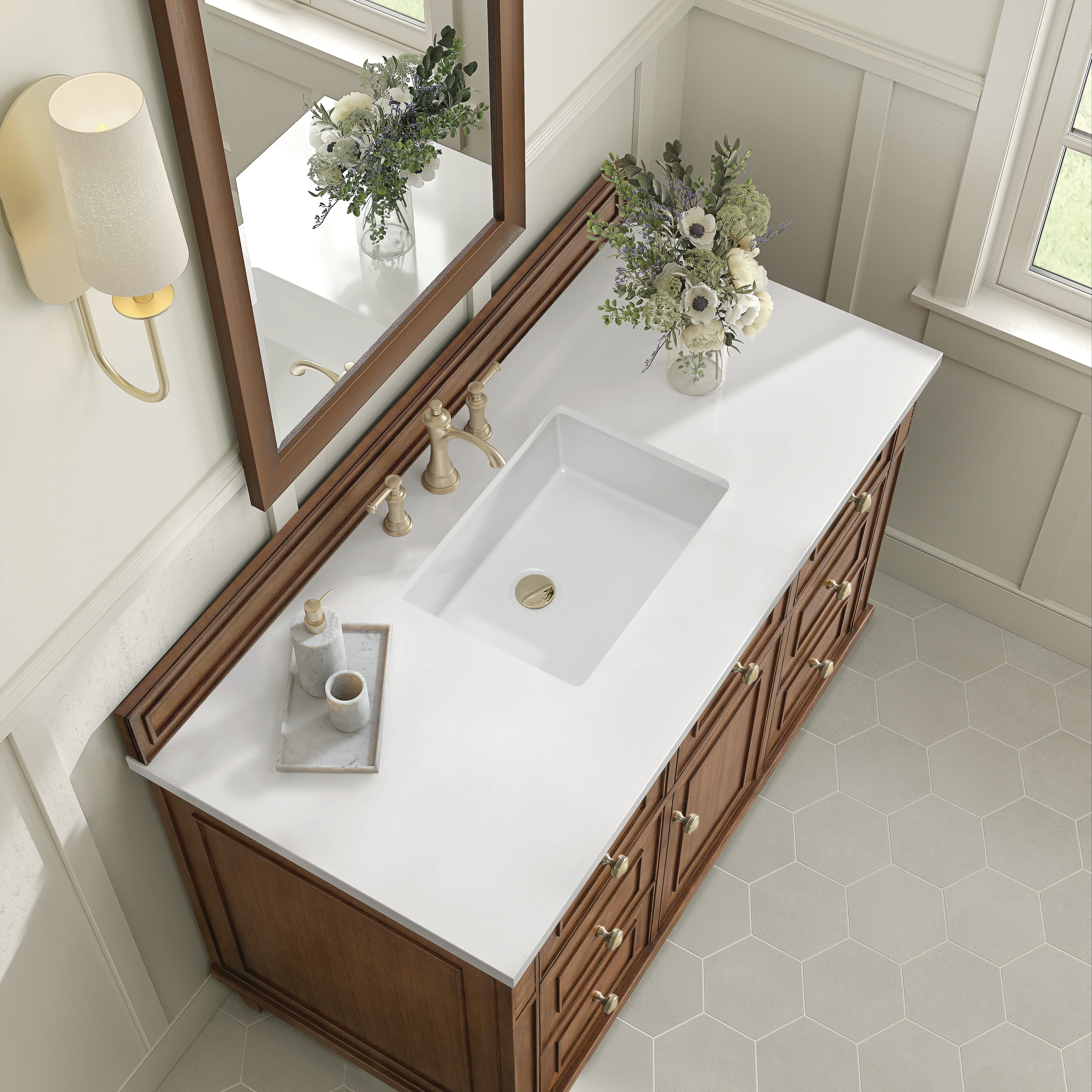 Lorelai 48" Single Vanity, Mid-Century Walnut w/ 3 CM White Zeus Silestone Top