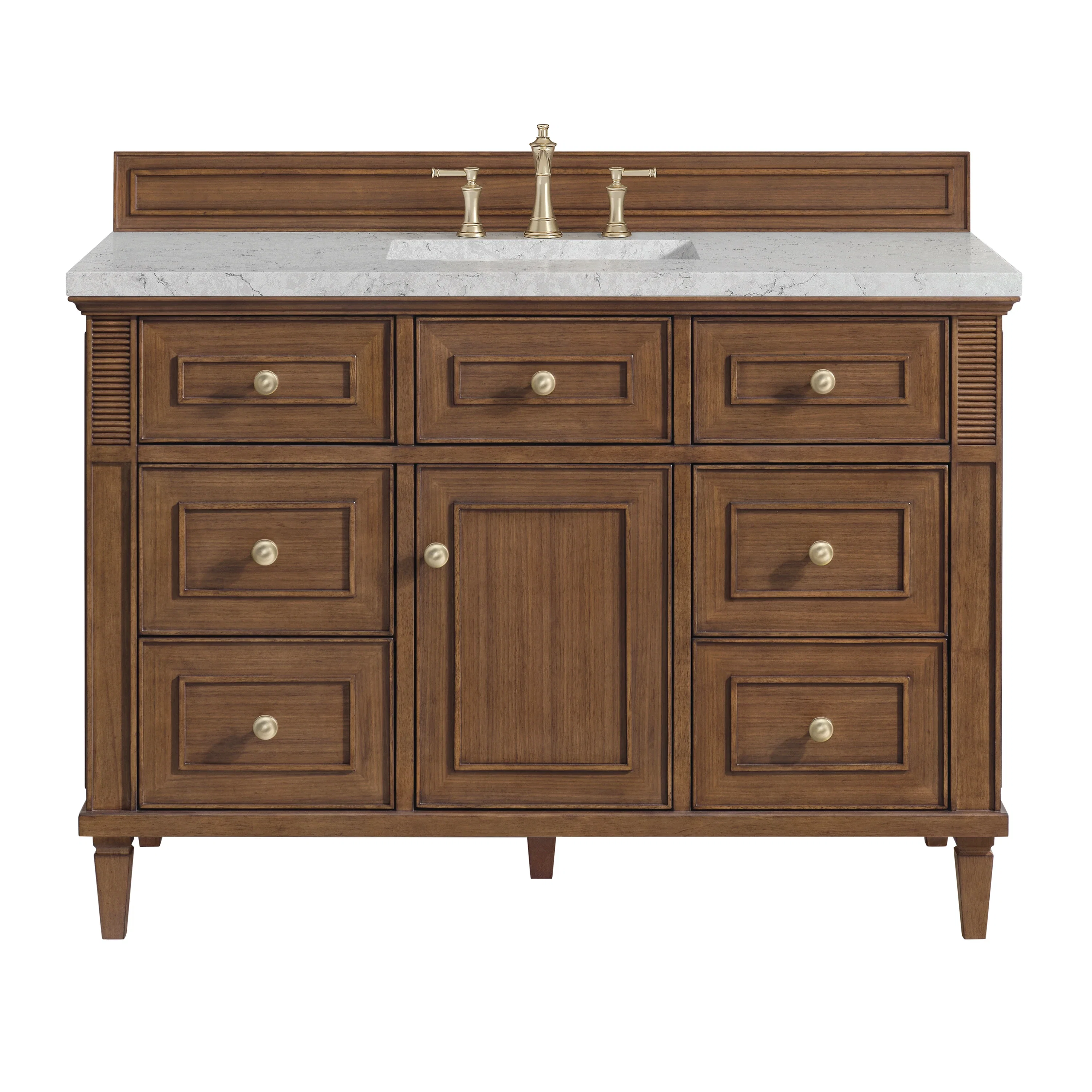 Lorelai 48" Single Vanity, Mid-Century Walnut w/ 3 CM Eternal Jasmine Pearl Silestone Top w/FreePower Wireless Charger