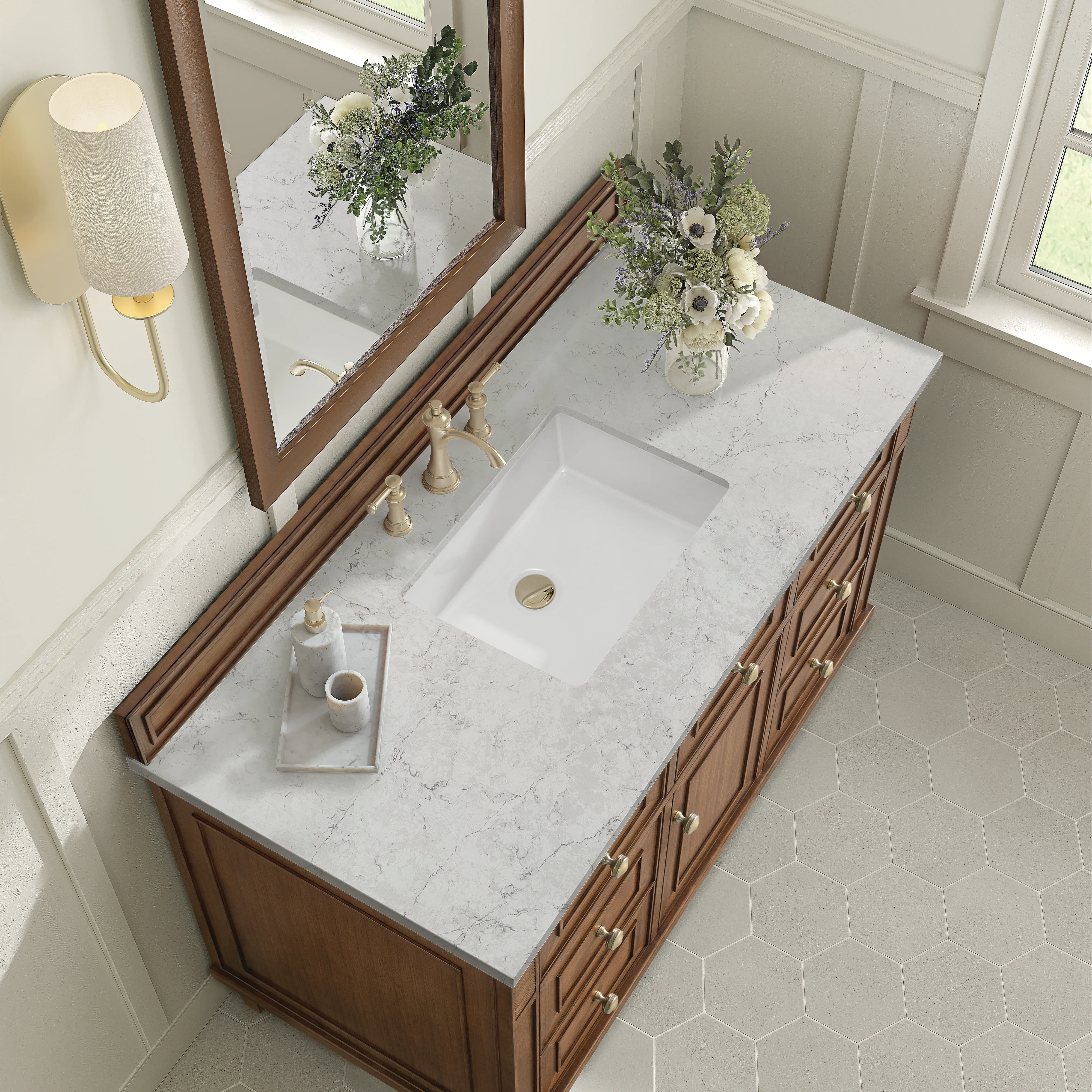 Lorelai 48" Single Vanity, Mid-Century Walnut w/ 3 CM Eternal Jasmine Pearl Silestone Top w/FreePower Wireless Charger