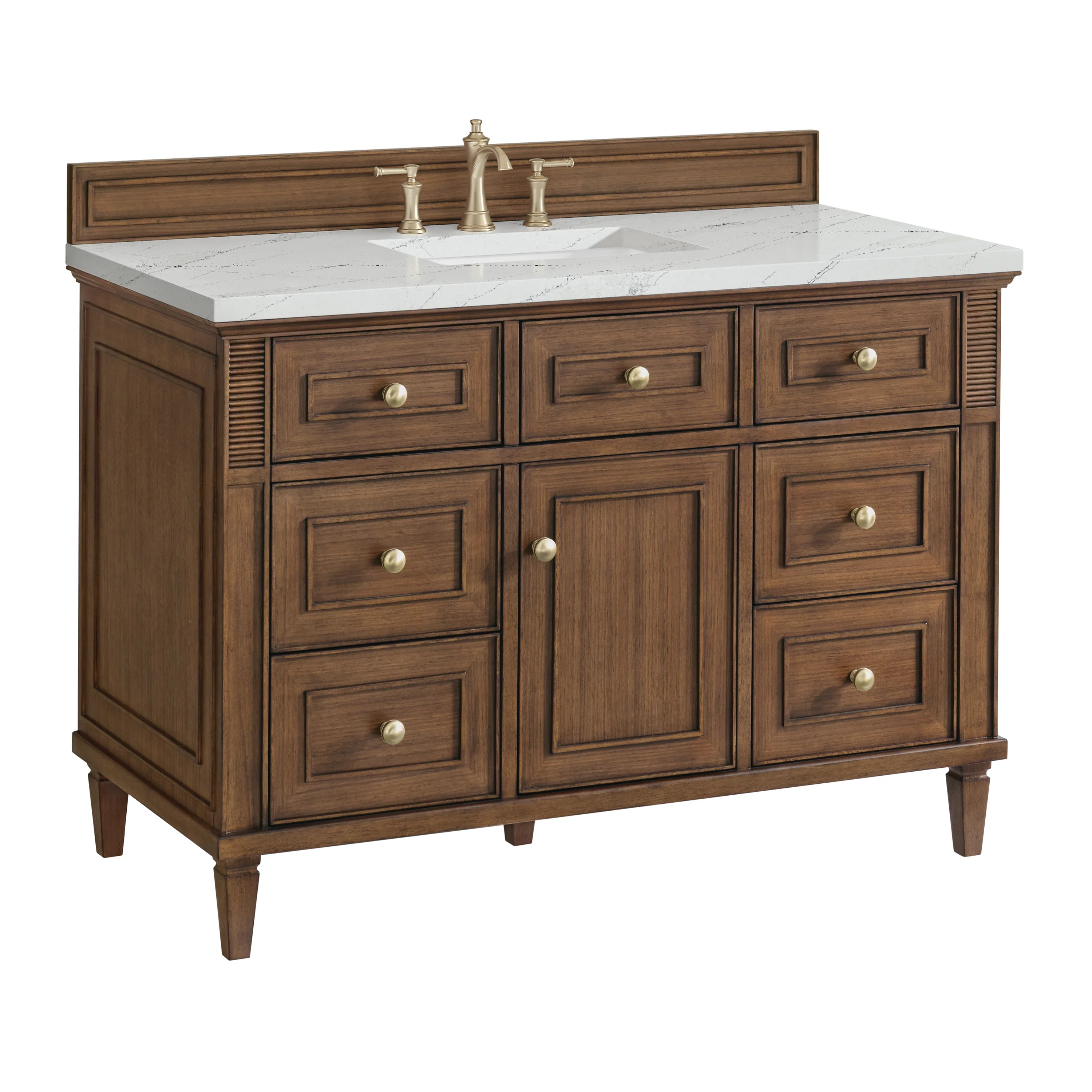 Lorelai 48" Single Vanity, Mid-Century Walnut w/ 3 CM Ethereal Noctis Silestone Top w/FreePower Wireless Charger