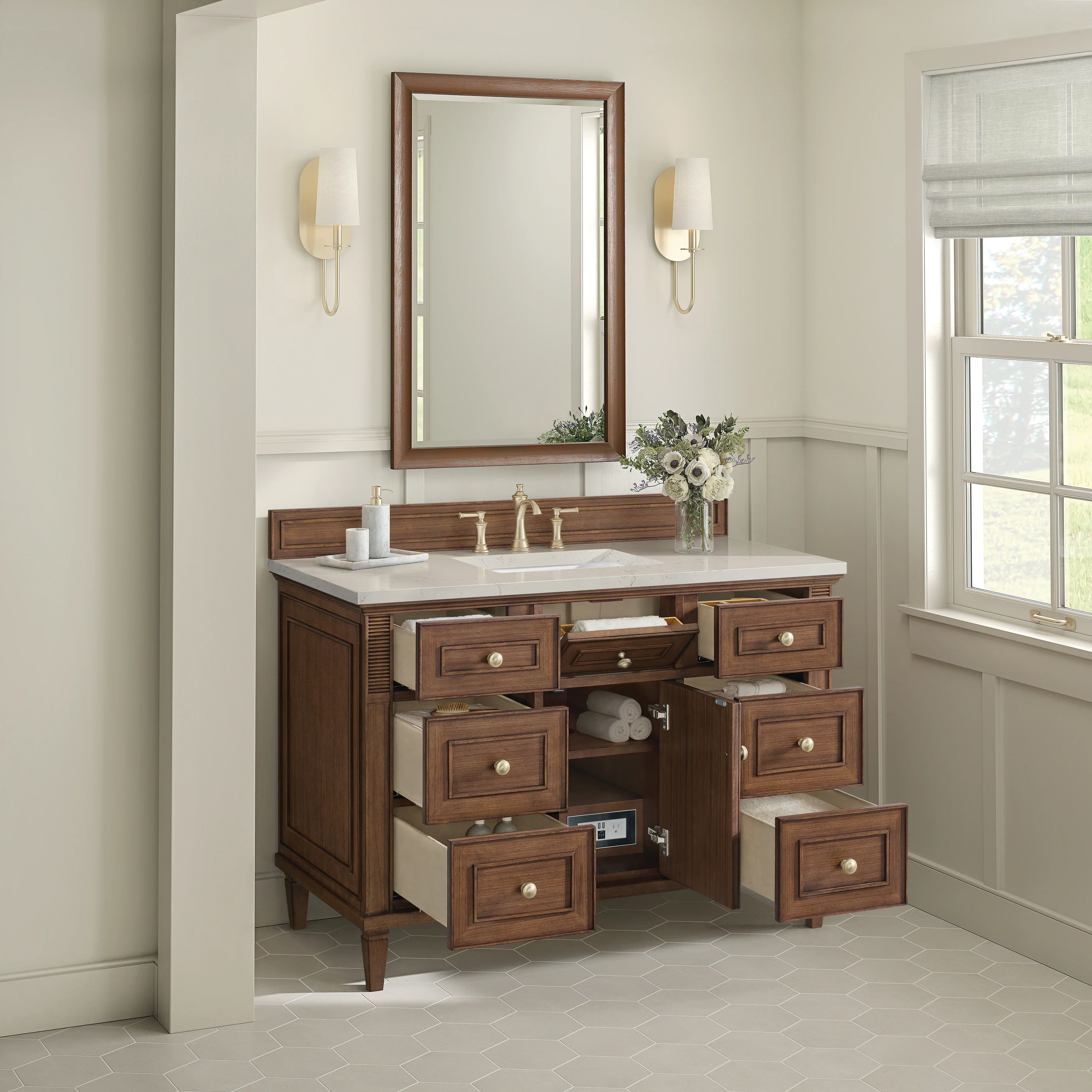 Lorelai 48" Single Vanity, Mid-Century Walnut, w/ 3 CM Siberian Silestone Top w/FreePower Wireless Charger