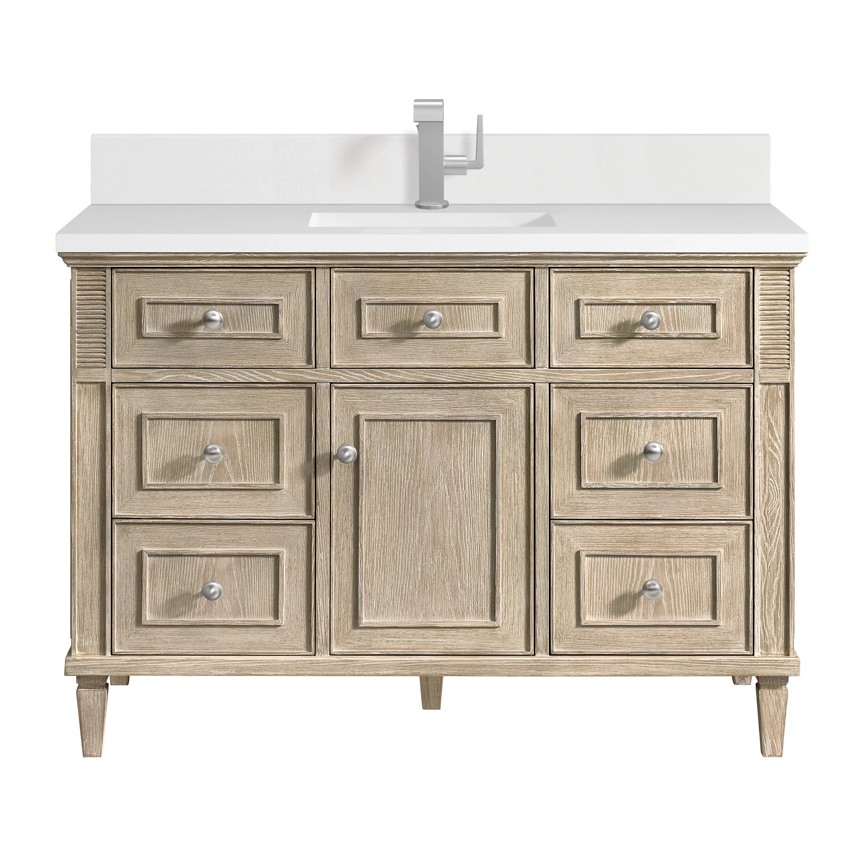 Lorelai 48" Single Vanity, Whitewashed Oak w/ Single Hole 3 CM White Zeus Silestone Top & Backsplash