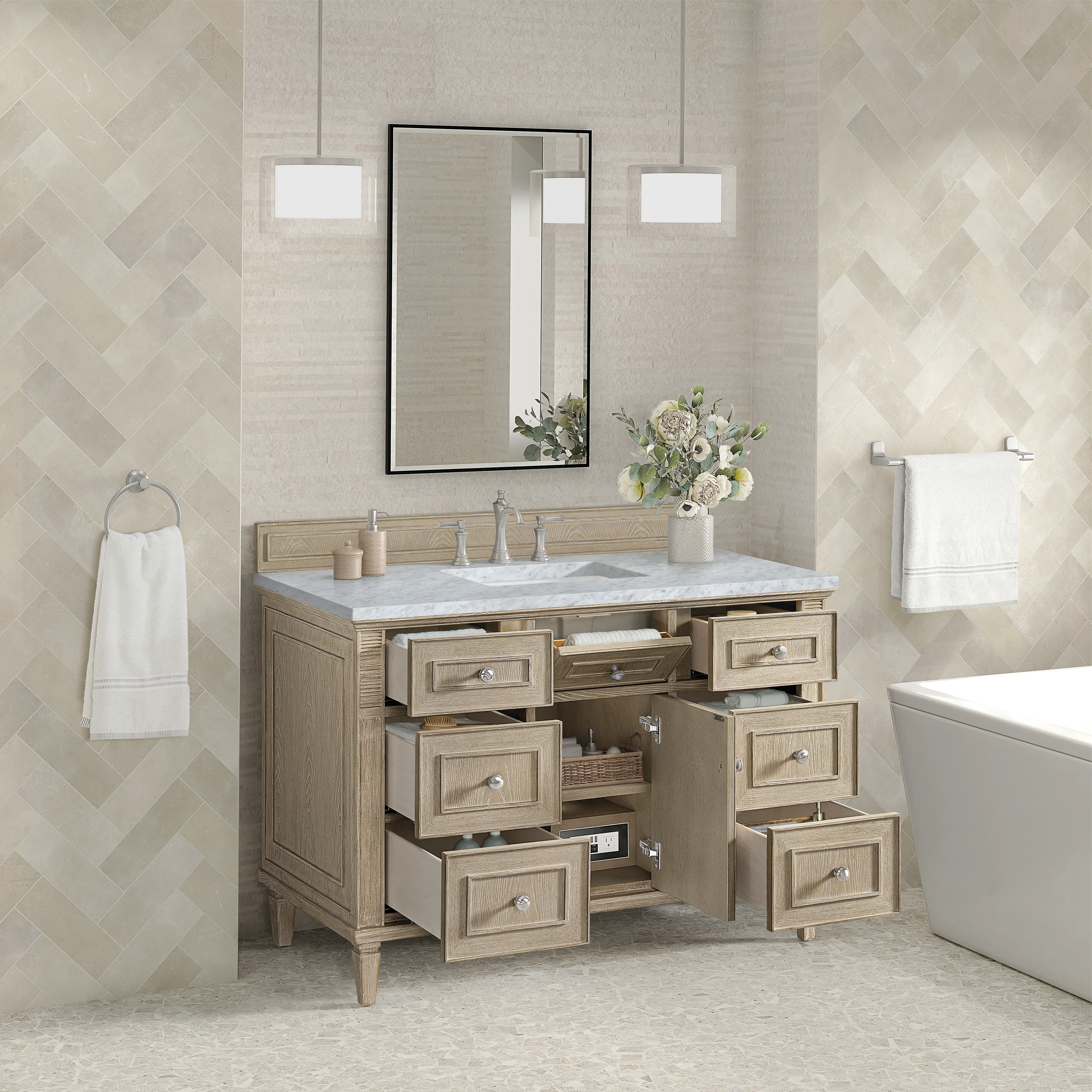 Lorelai 48" Single Vanity, Whitewashed Oak w/ 3 CM Carrara White Marble Top