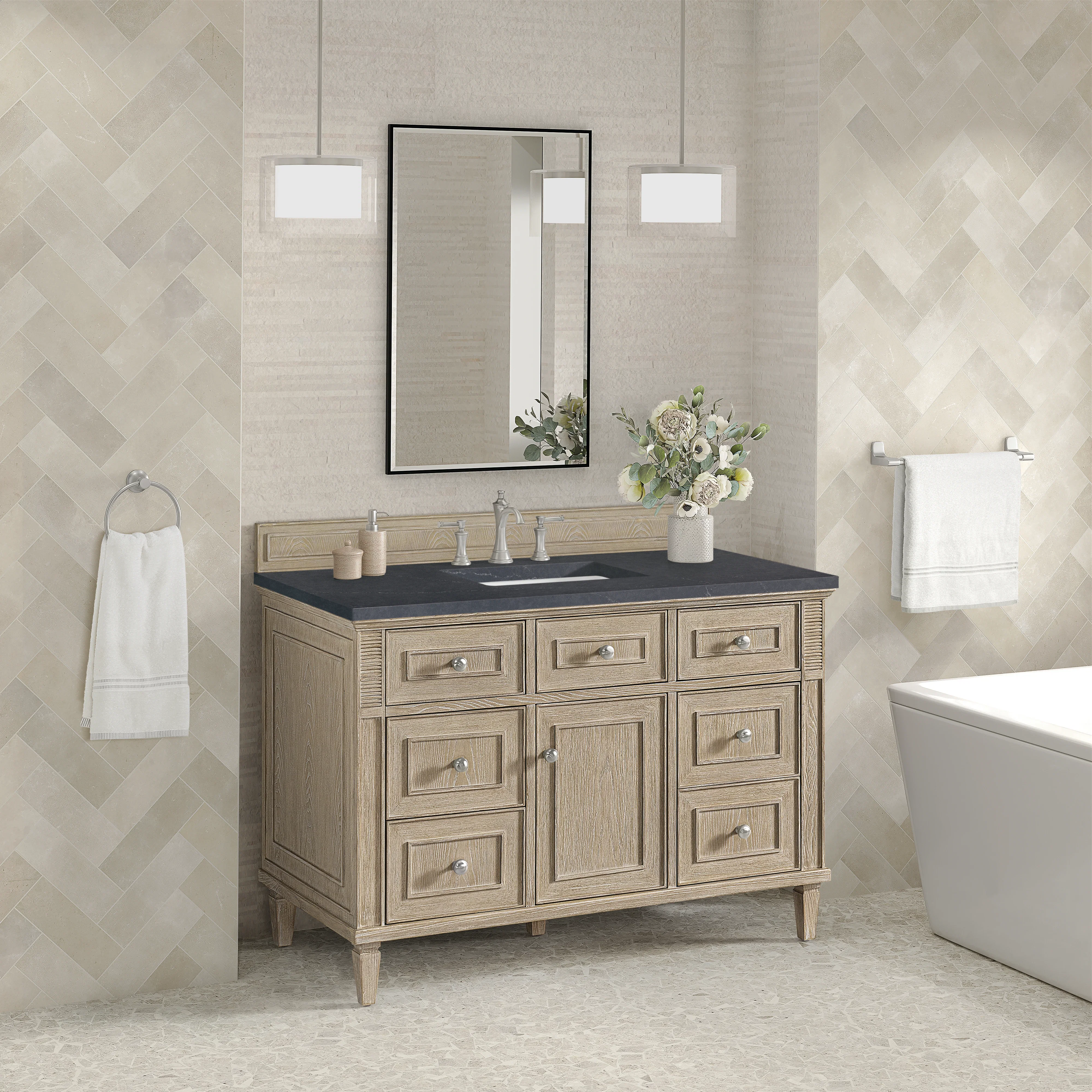 Lorelai 48" Single Vanity, Whitewashed Oak w/ 3 CM Charcoal Soapstone Silestone Top