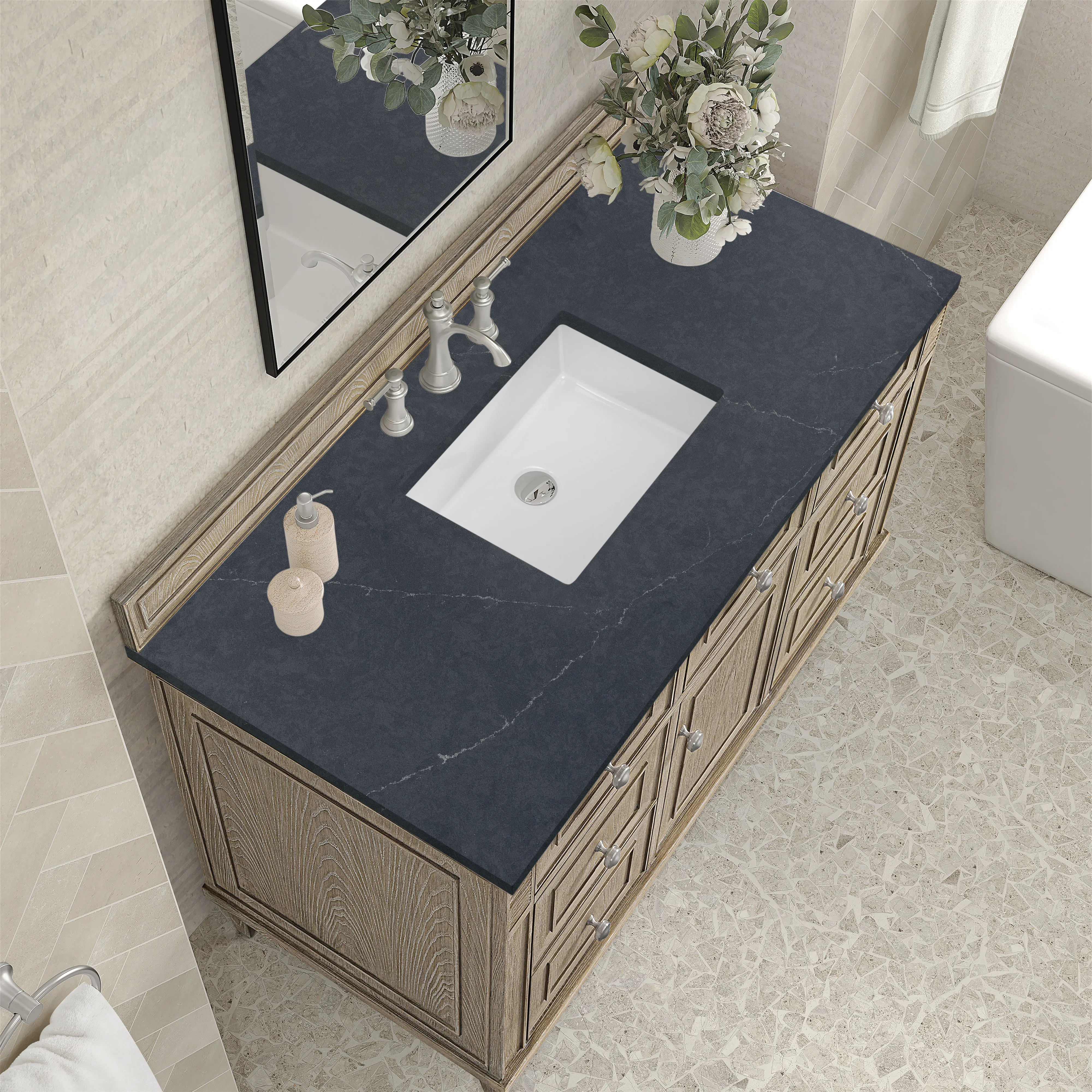 Lorelai 48" Single Vanity, Whitewashed Oak w/ 3 CM Charcoal Soapstone Silestone Top