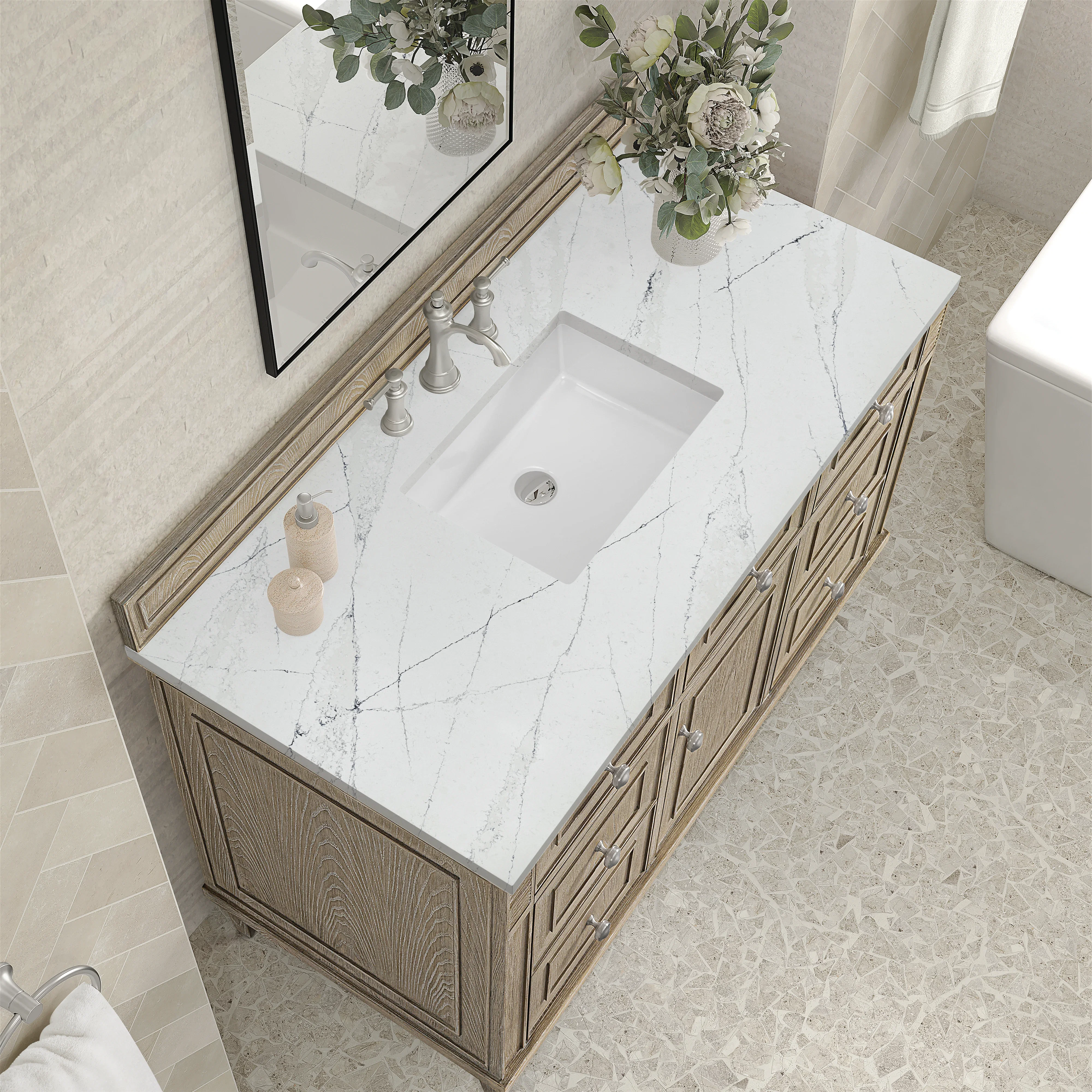 Lorelai 48" Single Vanity, Whitewashed Oak w/ 3 CM Ethereal Noctis Silestone Top