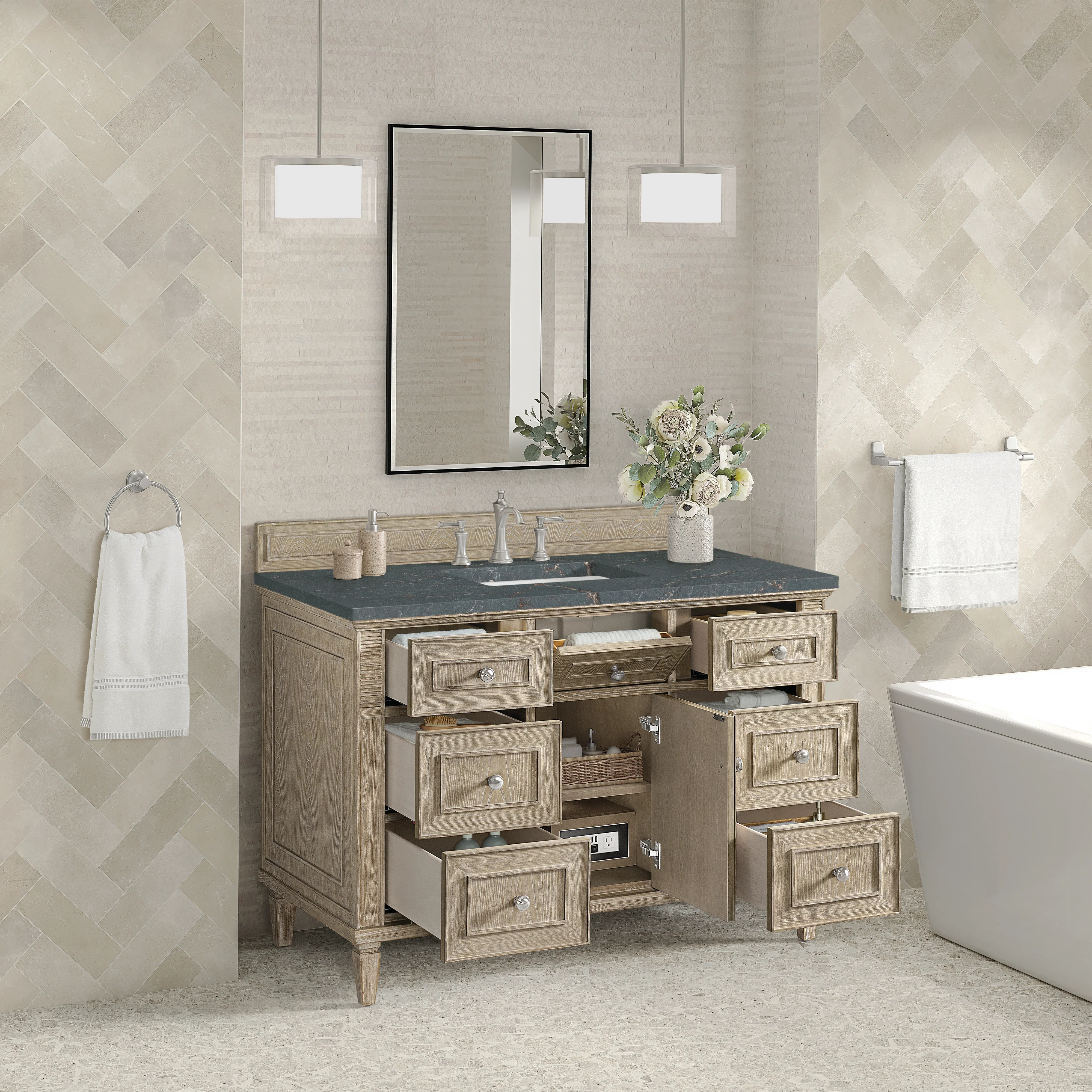 Lorelai 48" Single Vanity, Whitewashed Oak w/ 3 CM Parisien Bleu Silestone Top
