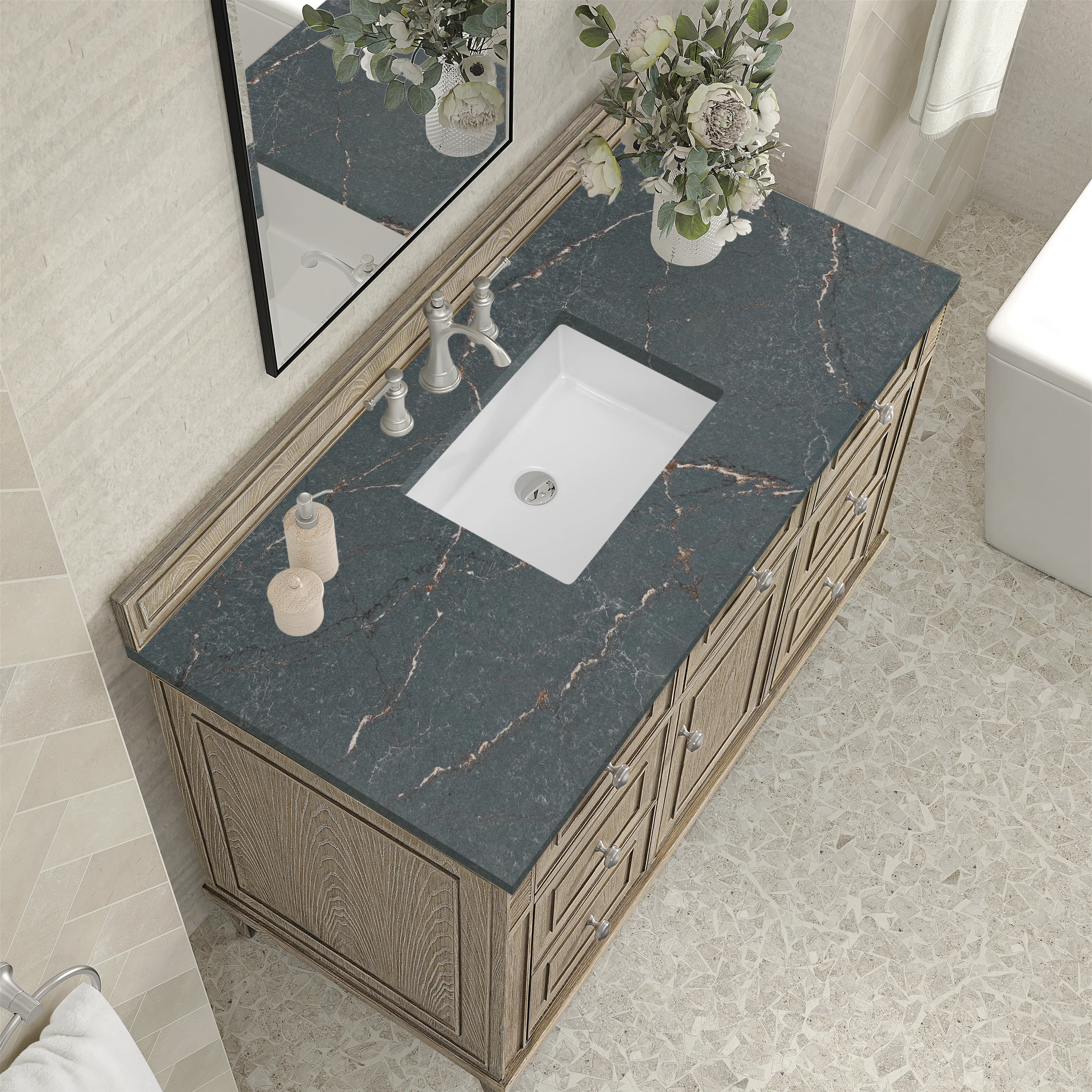Lorelai 48" Single Vanity, Whitewashed Oak w/ 3 CM Parisien Bleu Silestone Top