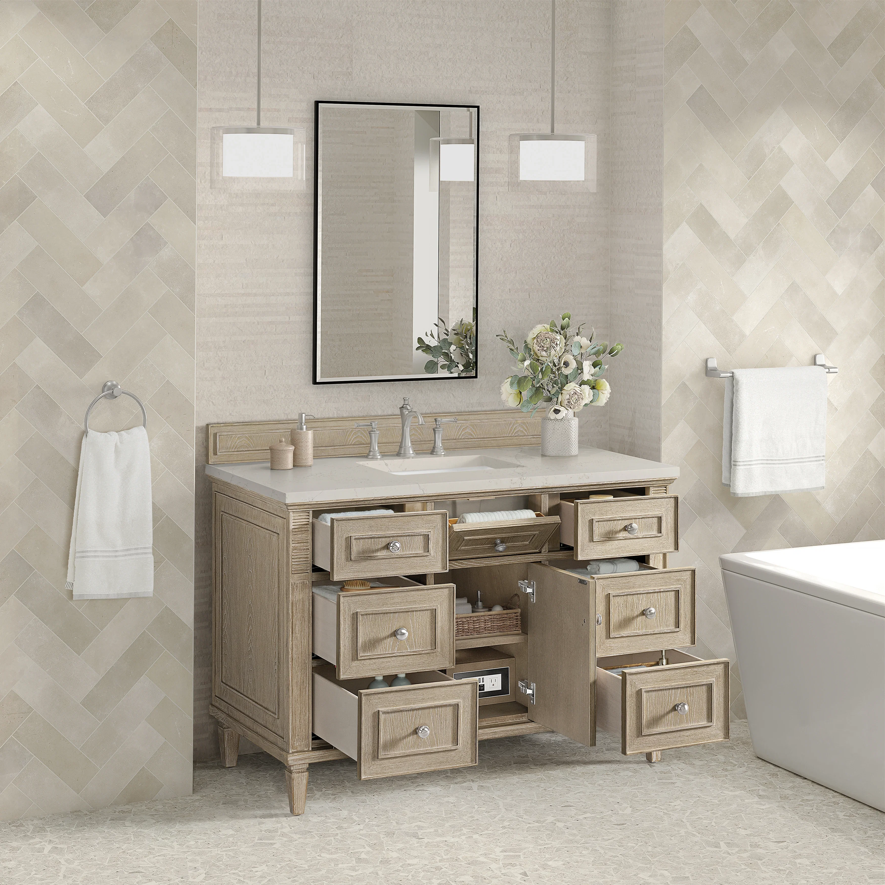 Lorelai 48" Single Vanity, Whitewashed Oak, w/ 3 CM Siberian Silestone Top
