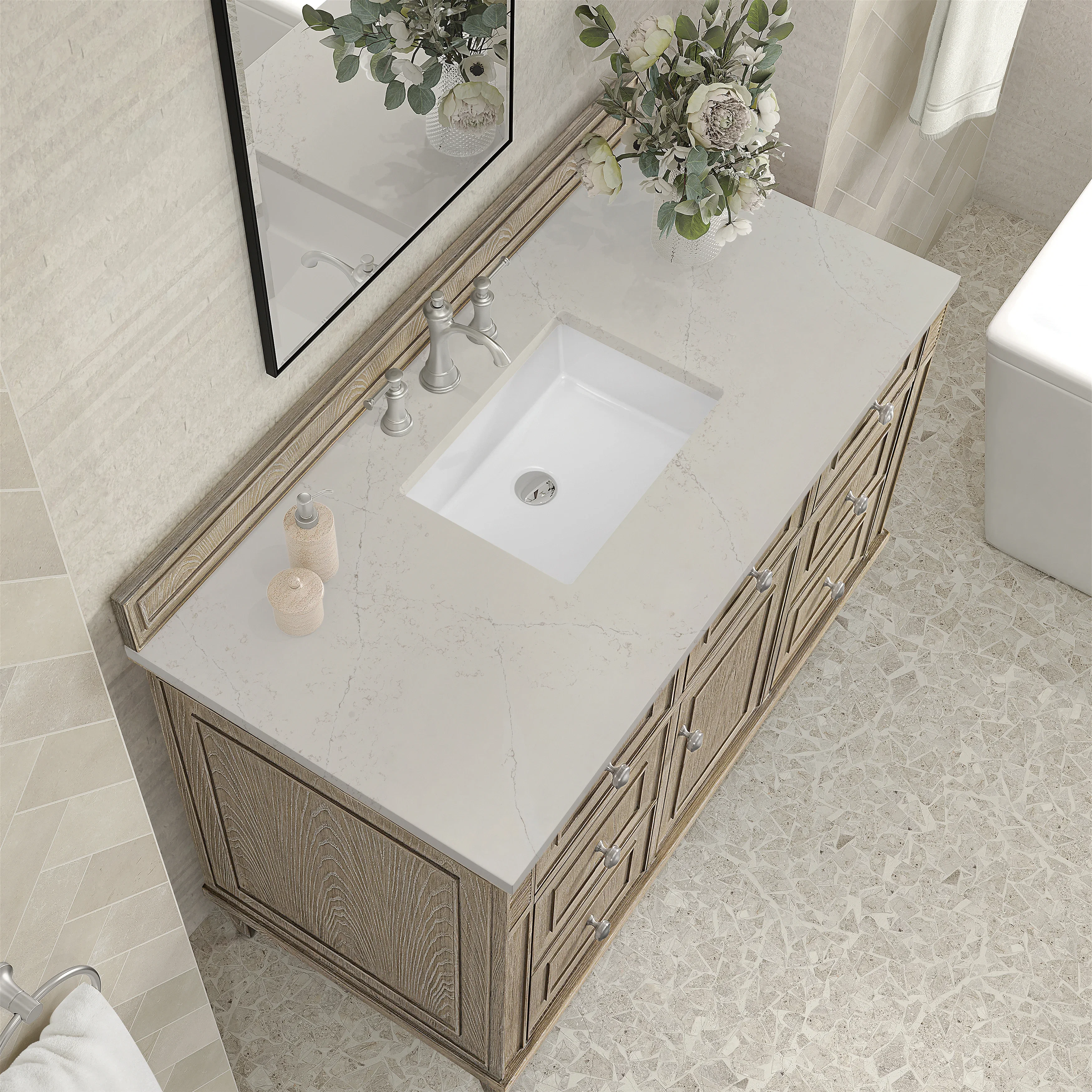 Lorelai 48" Single Vanity, Whitewashed Oak, w/ 3 CM Siberian Silestone Top