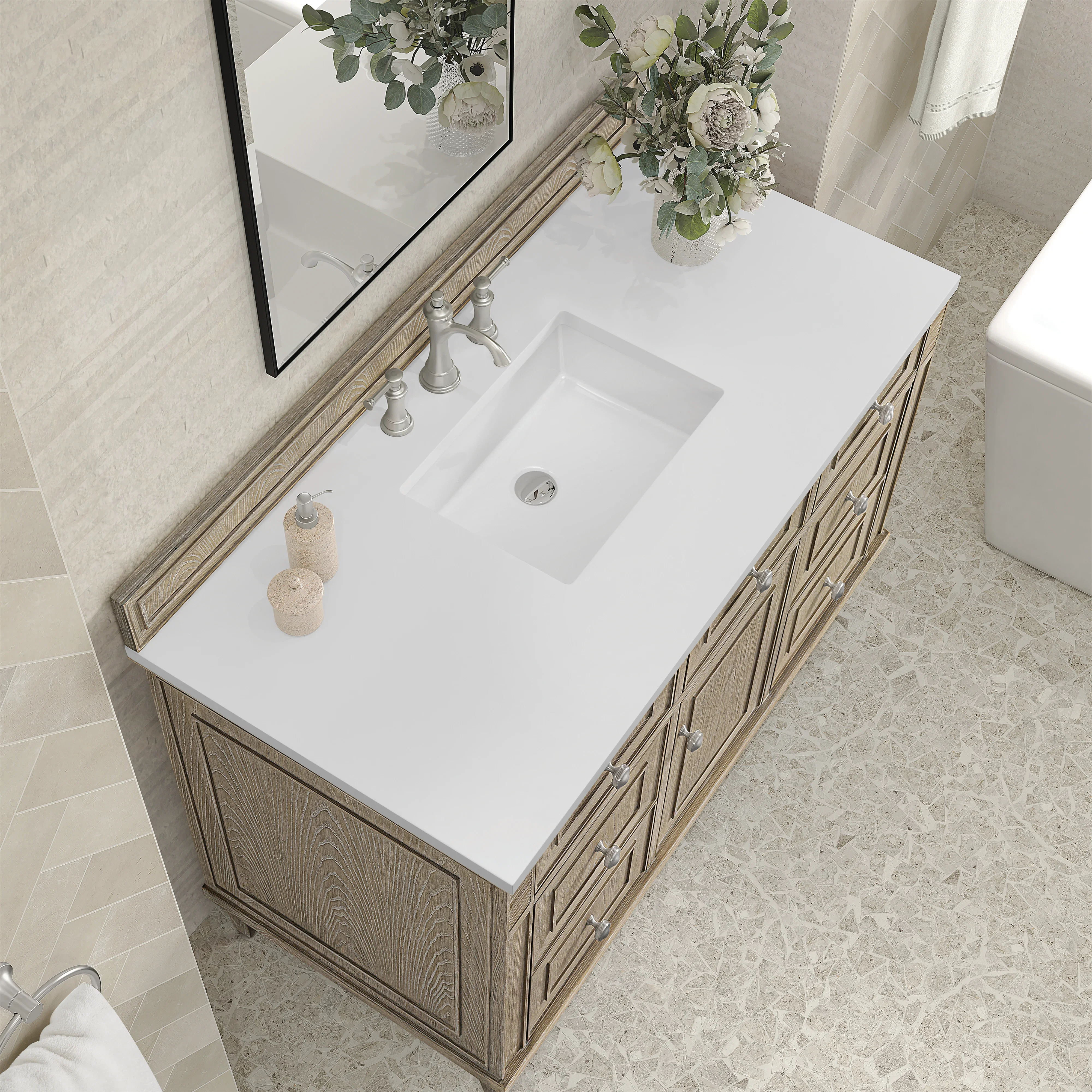 Lorelai 48" Single Vanity, Whitewashed Oak w/ 3 CM White Zeus Silestone Top