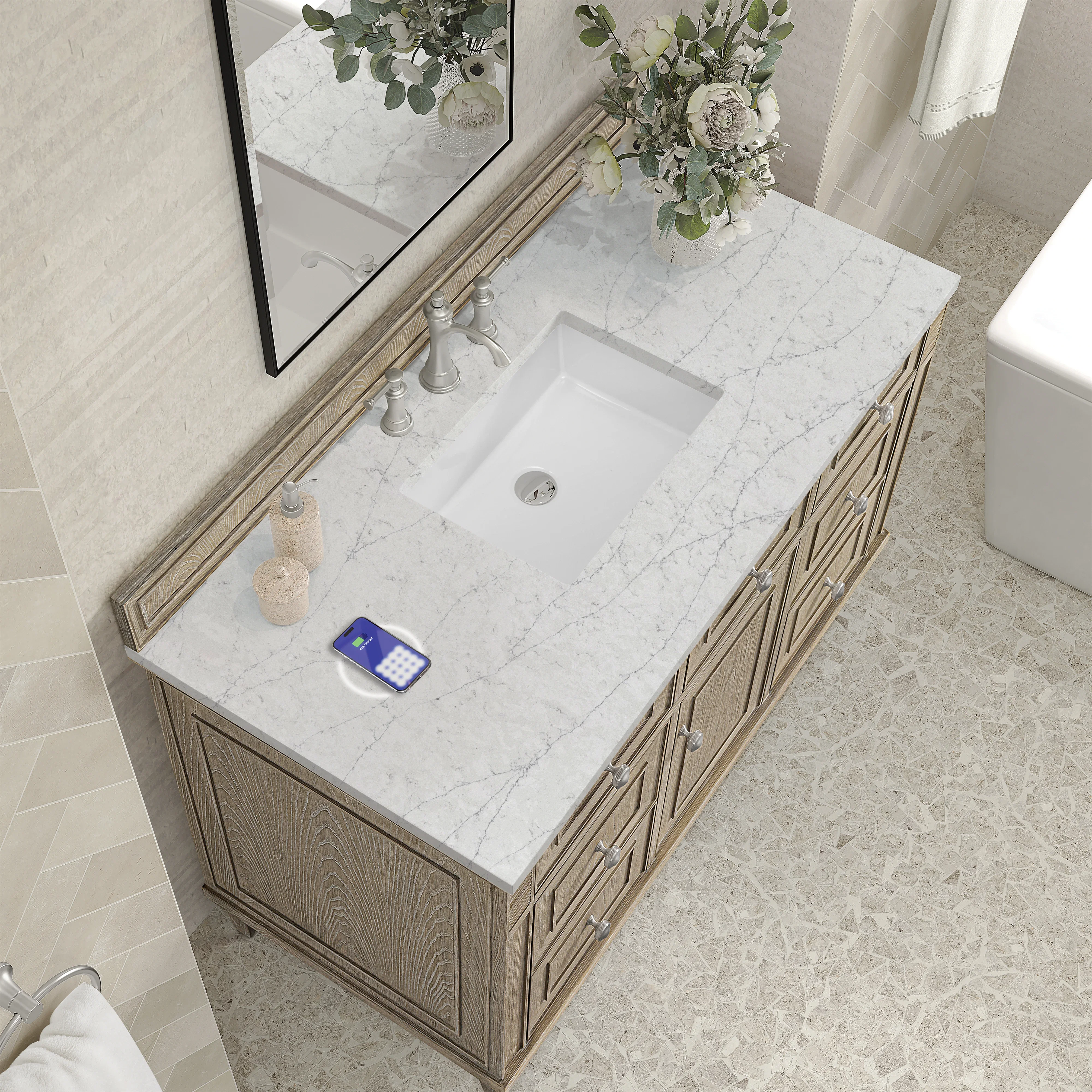 Lorelai 48" Single Vanity, Whitewashed Oak w/ 3 CM Eternal Jasmine Pearl Silestone Top w/FreePower Wireless Charger