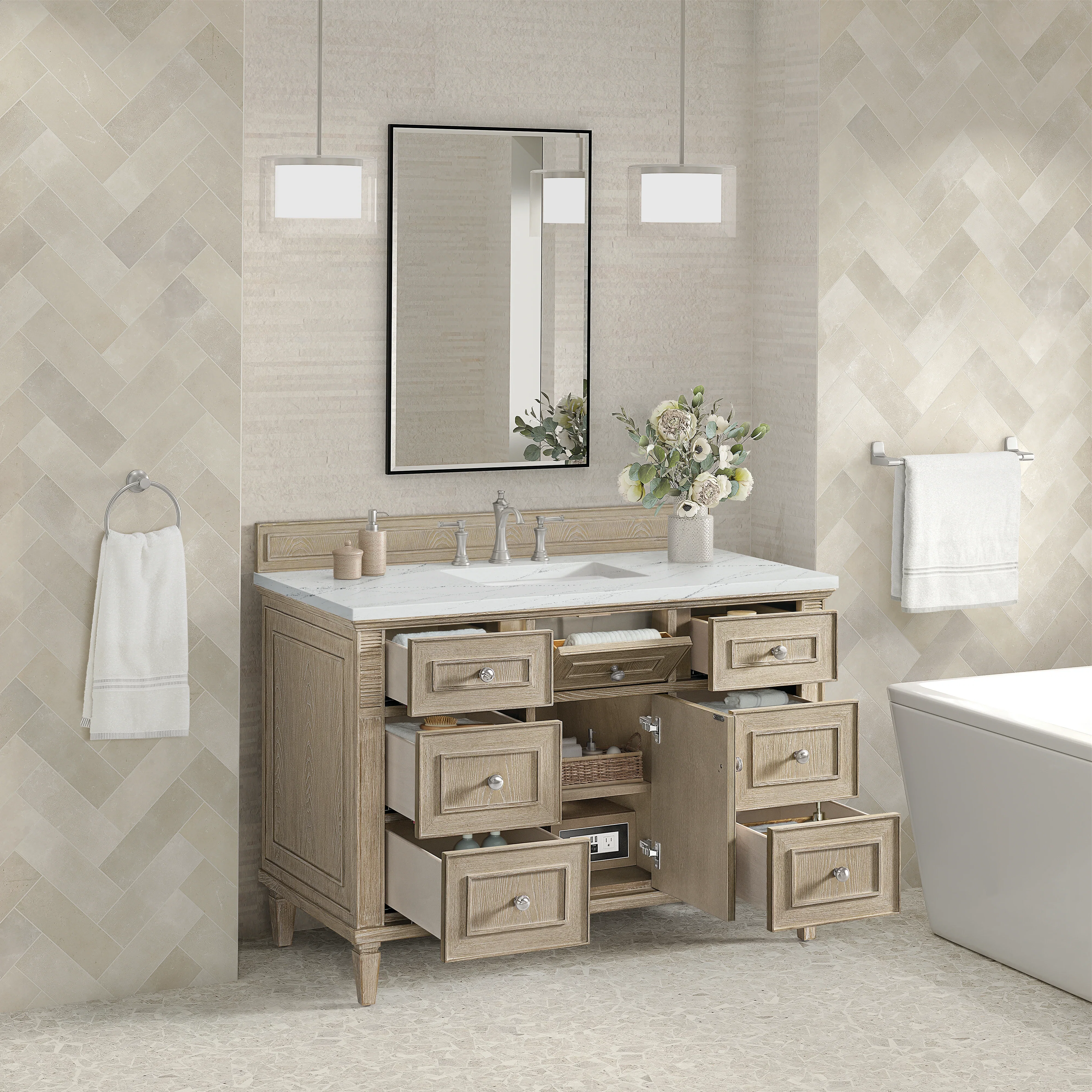 Lorelai 48" Single Vanity, Whitewashed Oak w/ 3 CM Ethereal Noctis Silestone Top w/FreePower Wireless Charger
