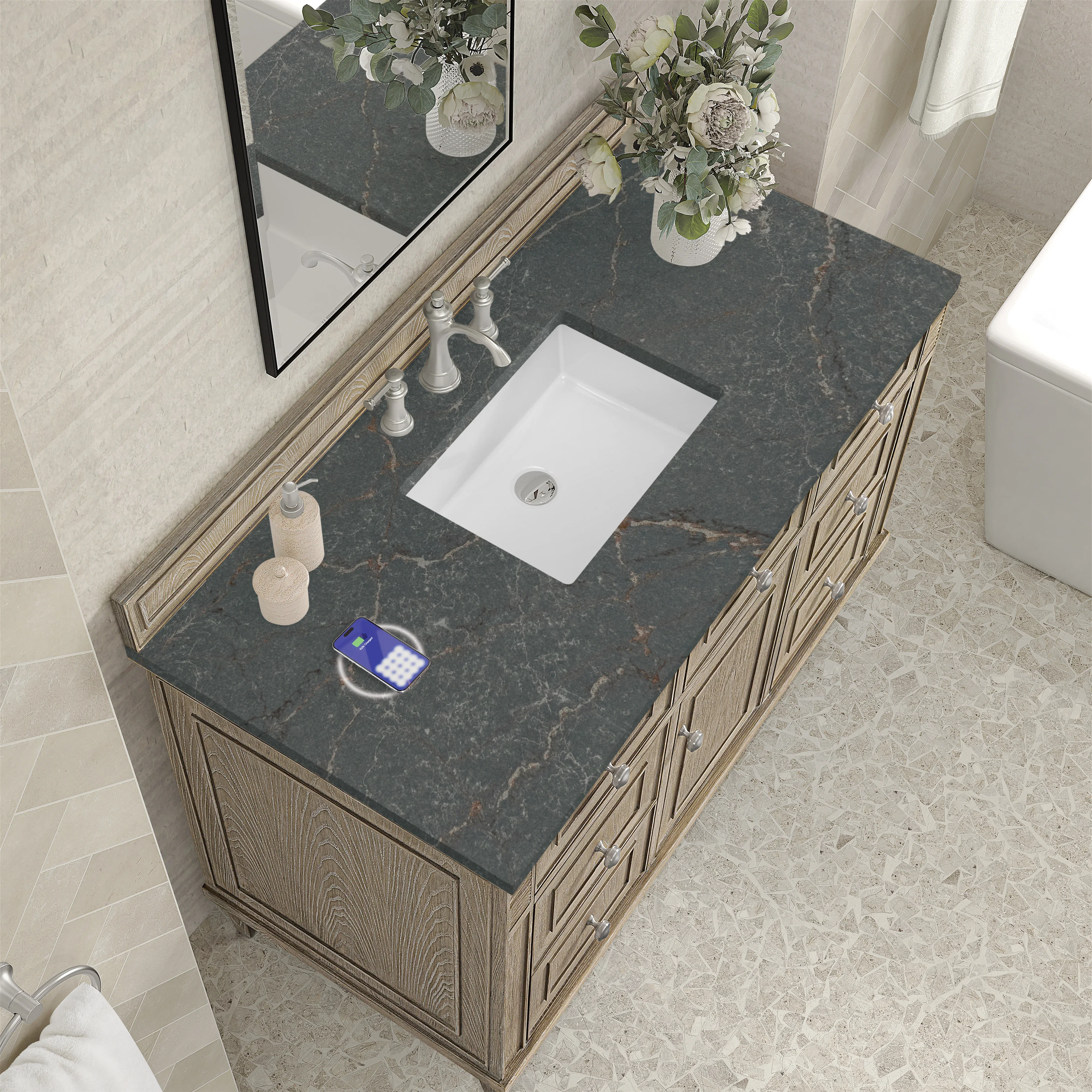 Lorelai 48" Single Vanity, Whitewashed Oak w/ 3 CM Parisien Bleu Silestone Top w/FreePower Wireless Charger