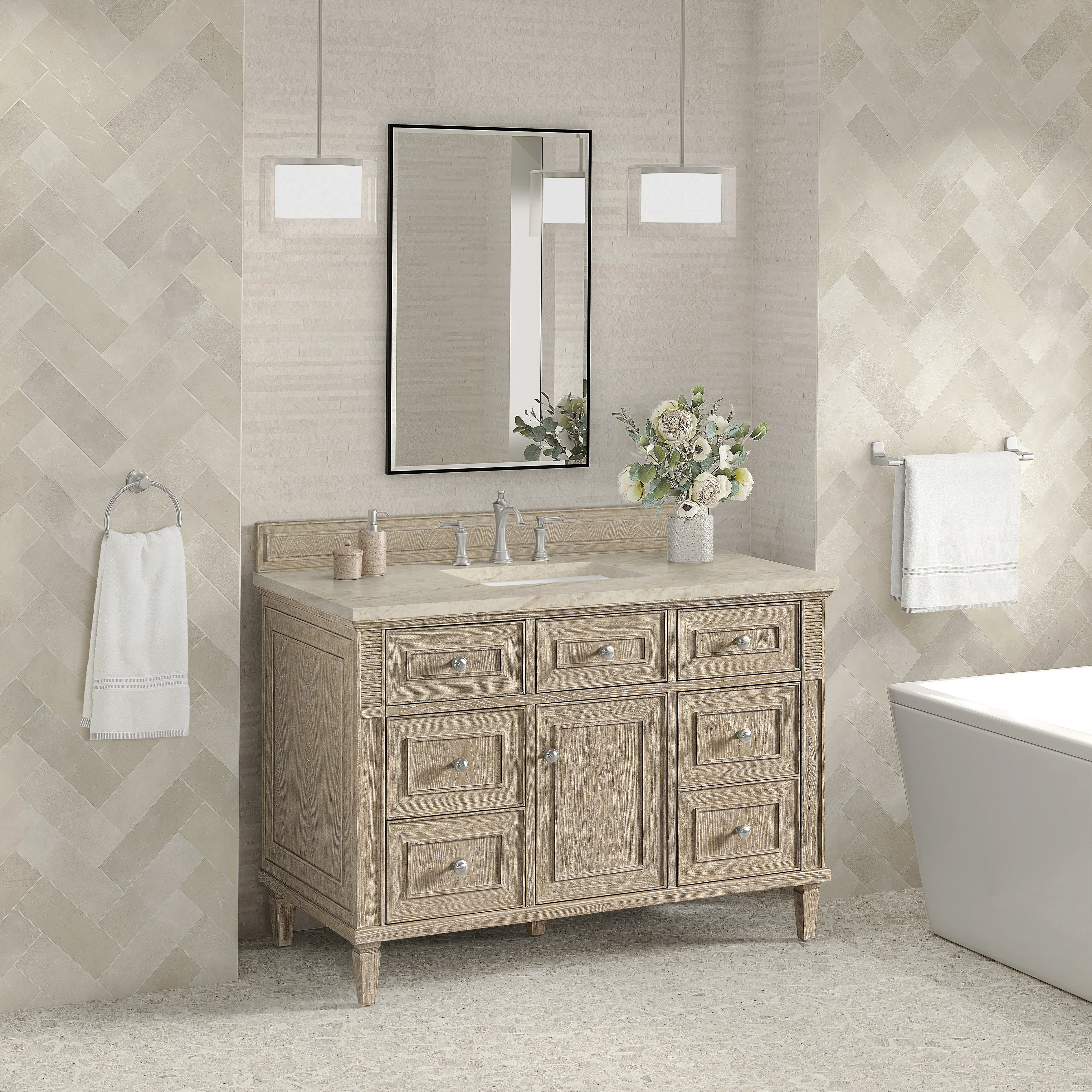 Lorelai 48" Single Vanity, Whitewashed Oak, w/ 3 CM Tajnar Eclos Top w/FreePower Wireless Charger