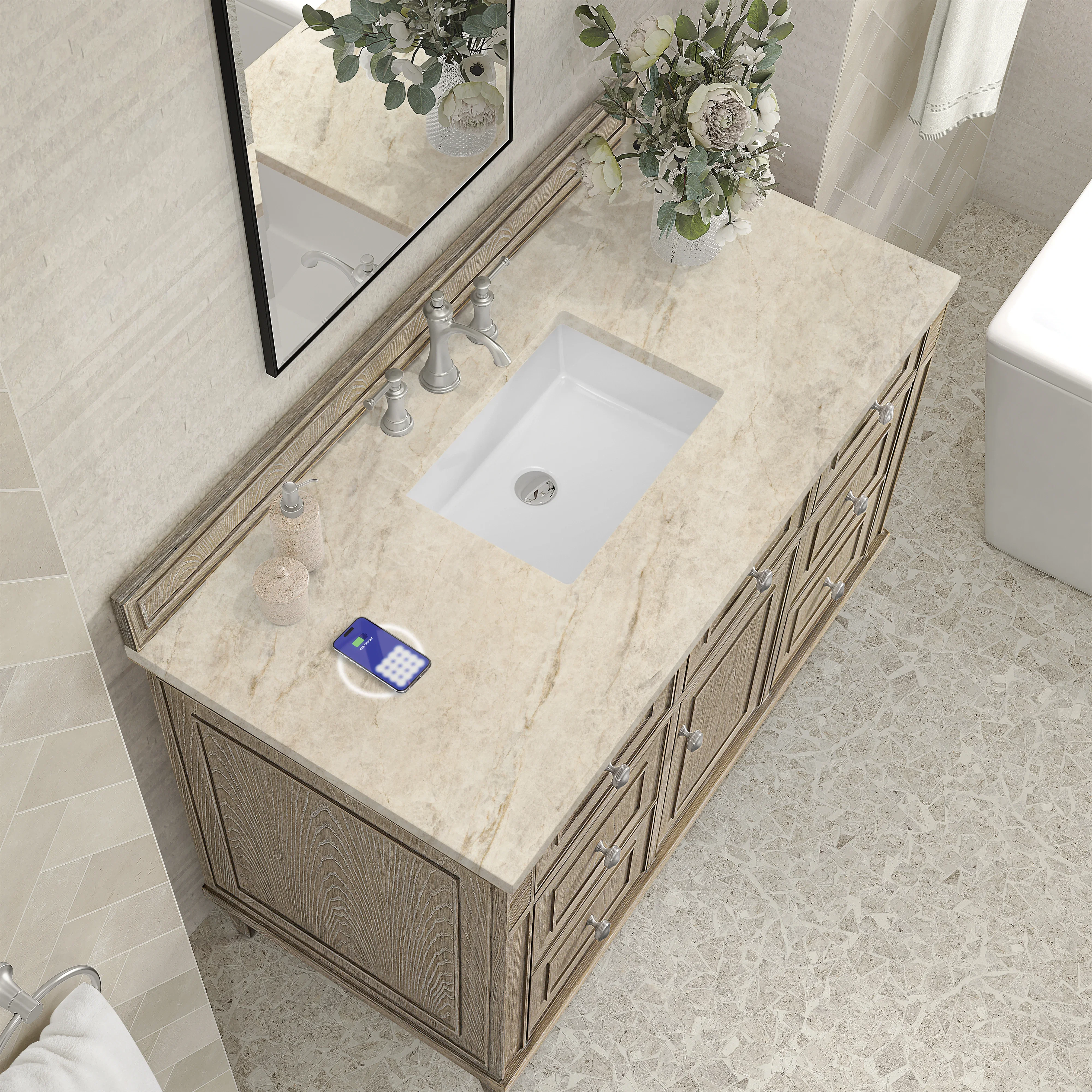 Lorelai 48" Single Vanity, Whitewashed Oak, w/ 3 CM Tajnar Eclos Top w/FreePower Wireless Charger