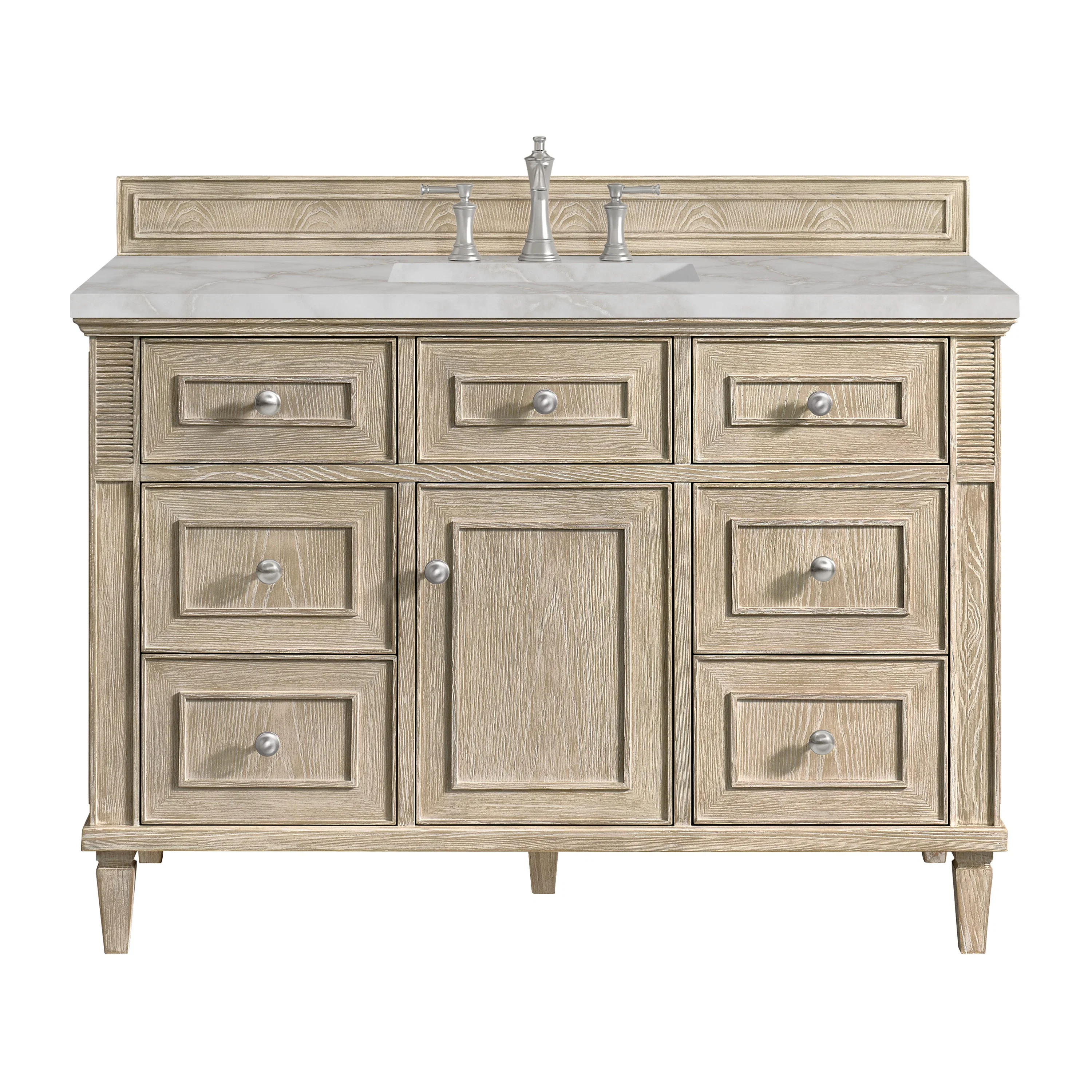 Lorelai 48" Single Vanity, Whitewashed Oak w/ 3 CM Victorian Silver Silestone Top w/FreePower Wireless Charger