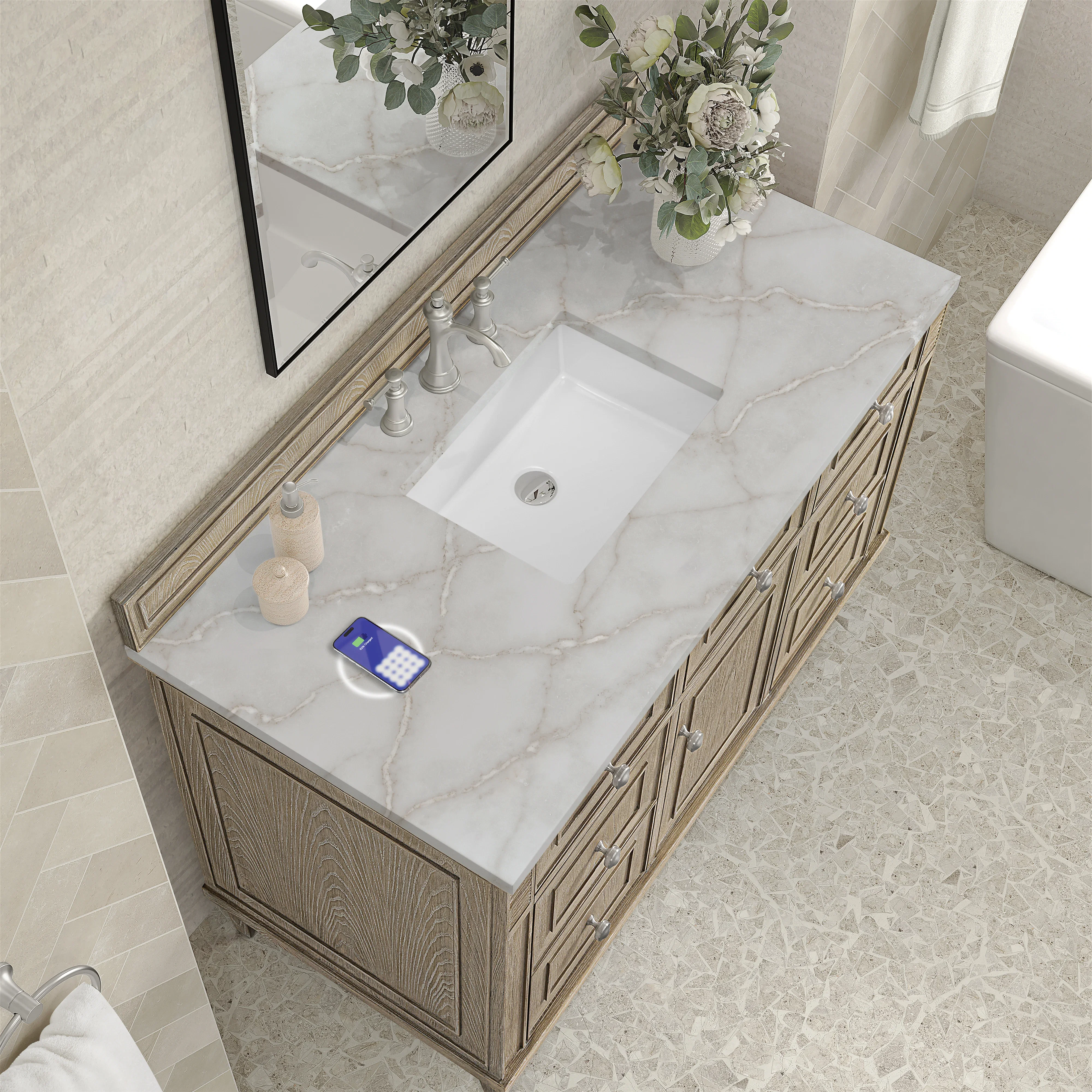 Lorelai 48" Single Vanity, Whitewashed Oak w/ 3 CM Victorian Silver Silestone Top w/FreePower Wireless Charger