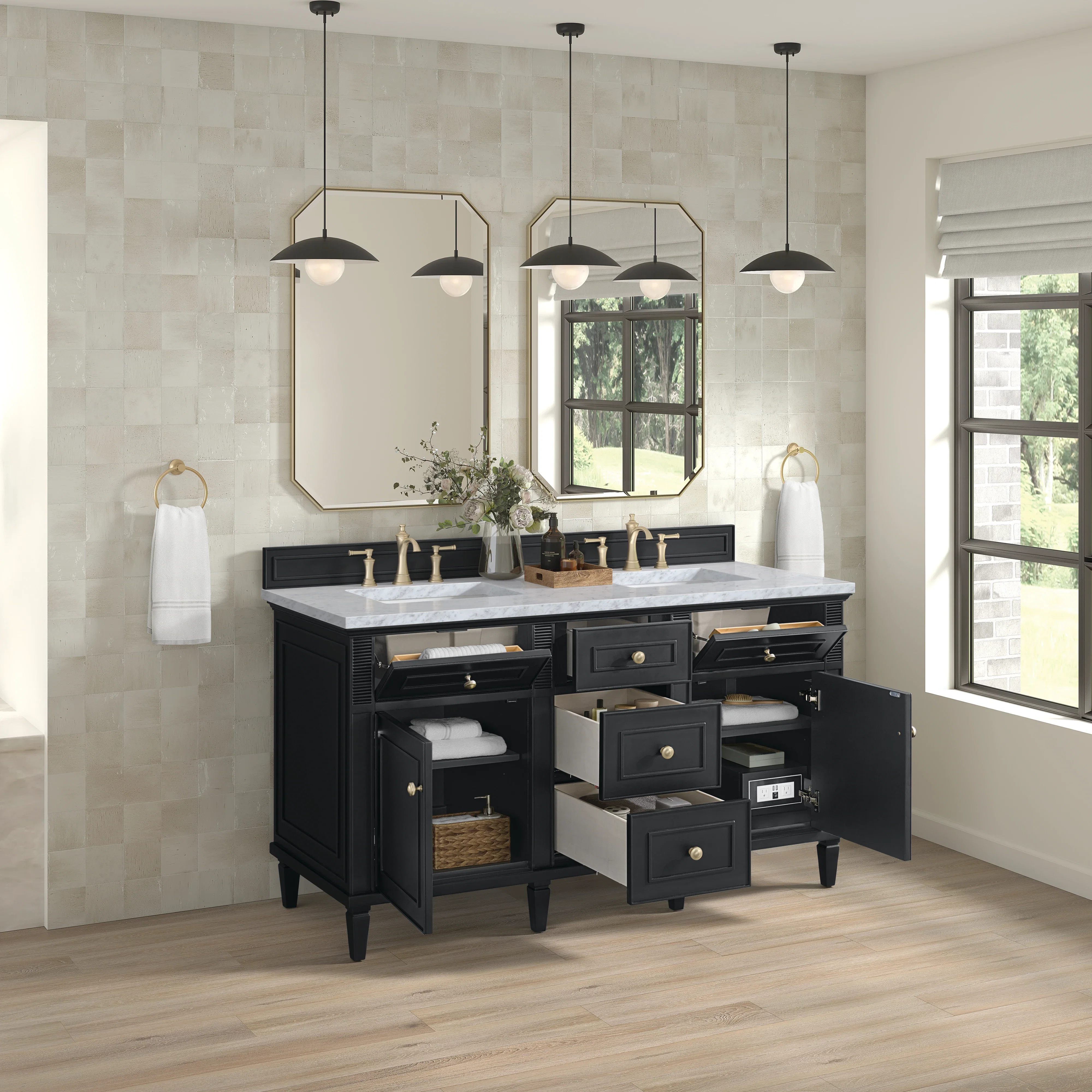 Lorelai 60" Double Vanity, Black Onyx w/ 3 CM Carrara White Marble Top