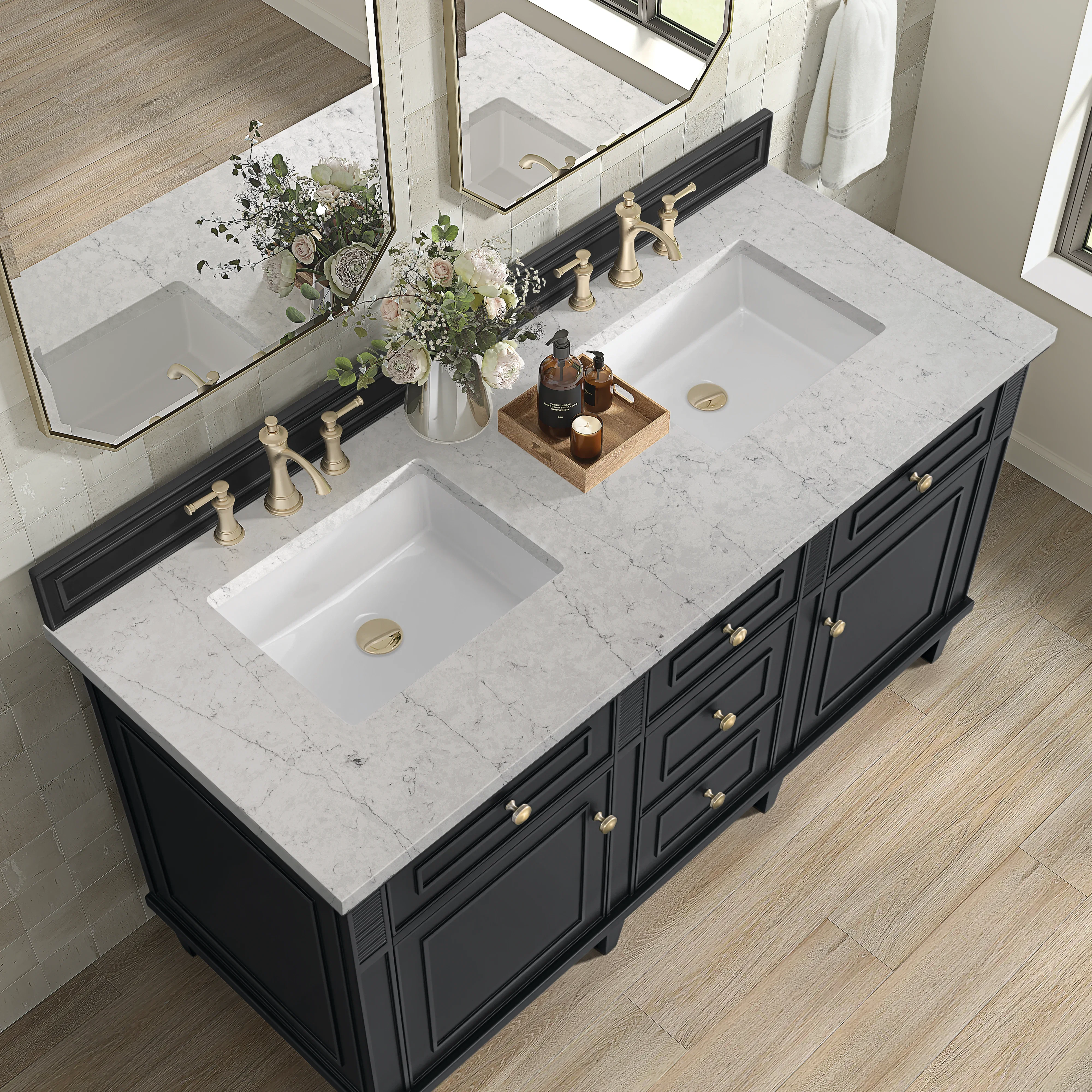 Lorelai 60" Double Vanity, Black Onyx w/ 3 CM Eternal Jasmine Pearl Silestone Top
