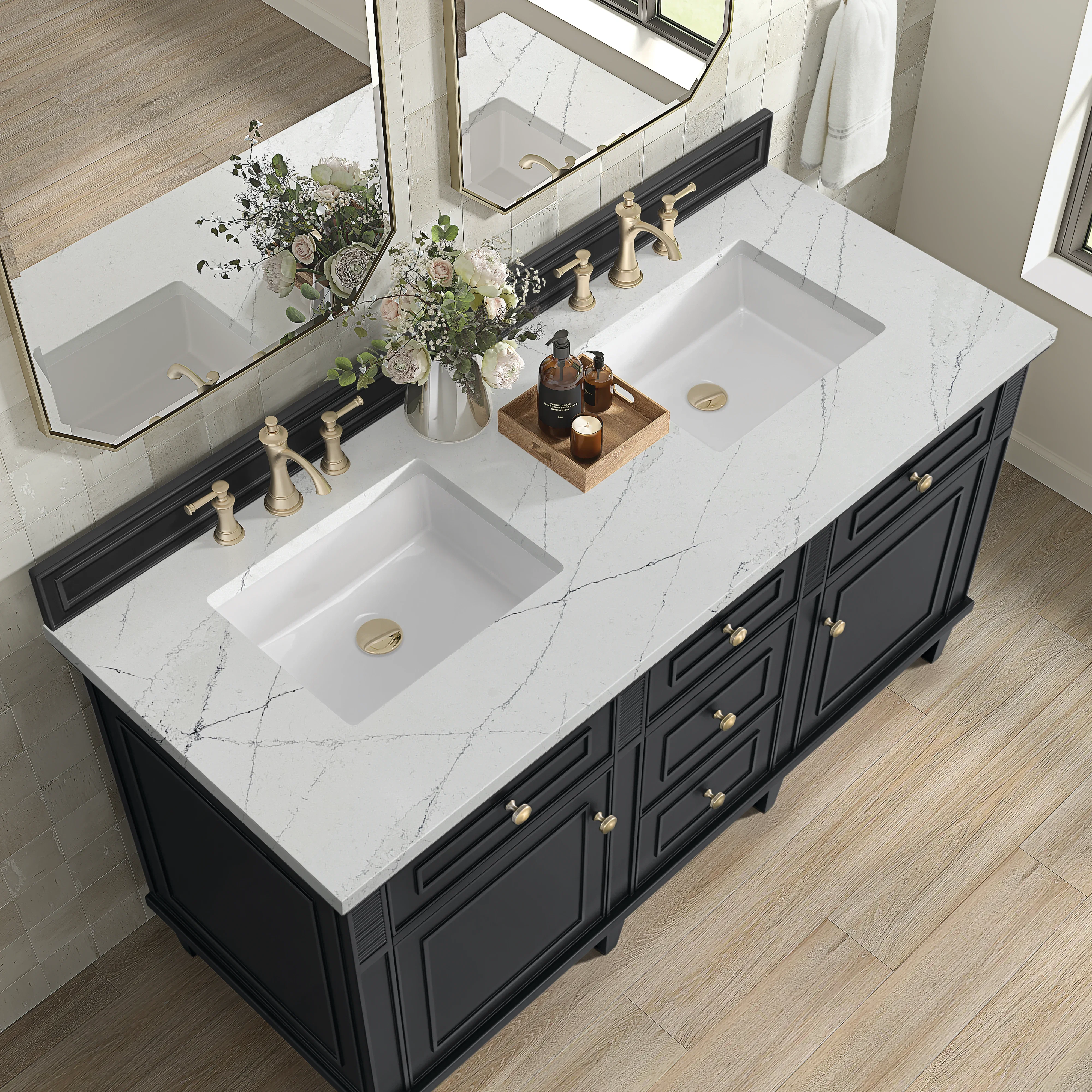 Lorelai 60" Double Vanity, Black Onyx w/ 3 CM Ethereal Noctis Silestone Top