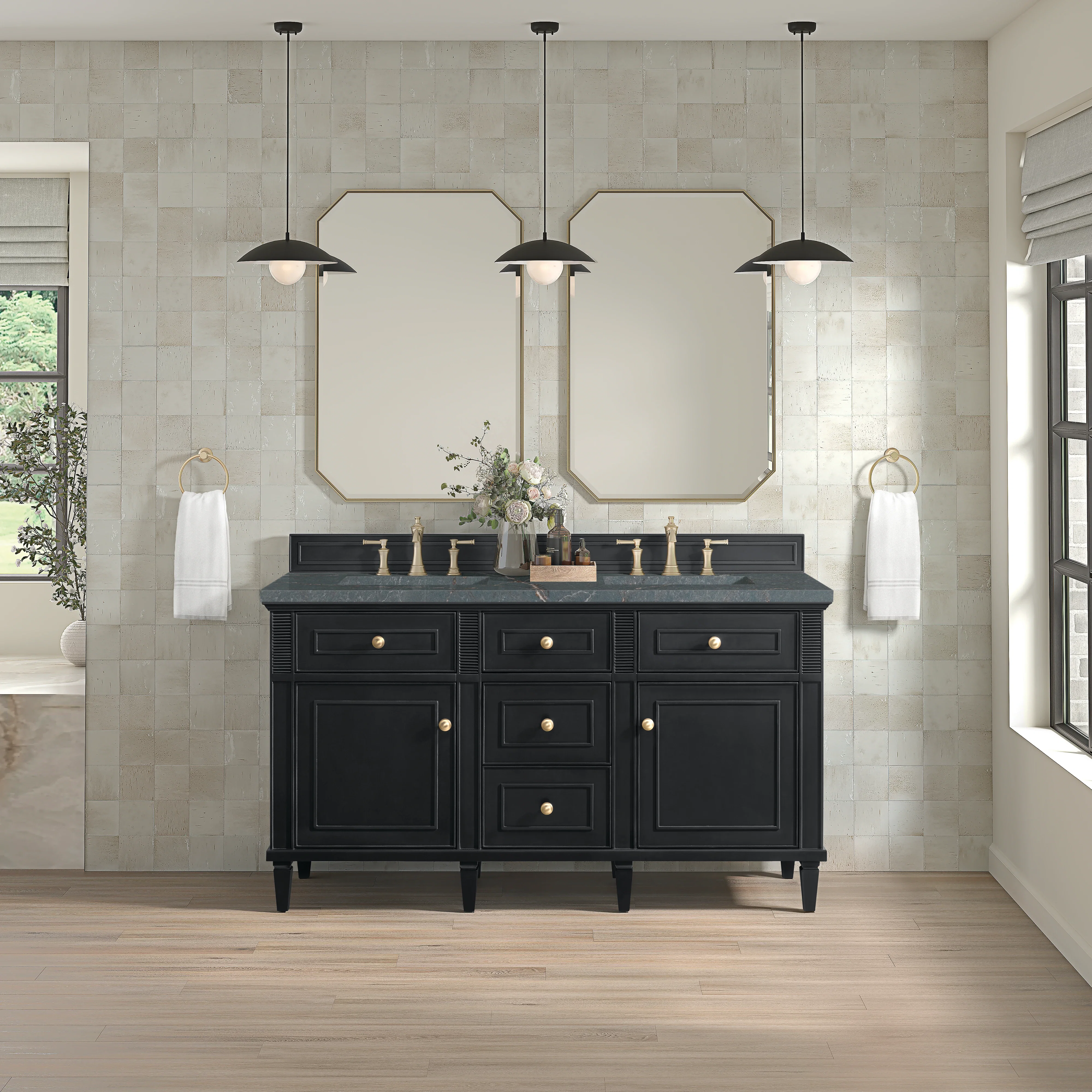 Lorelai 60" Double Vanity, Black Onyx w/ 3 CM Parisien Bleu Silestone Top