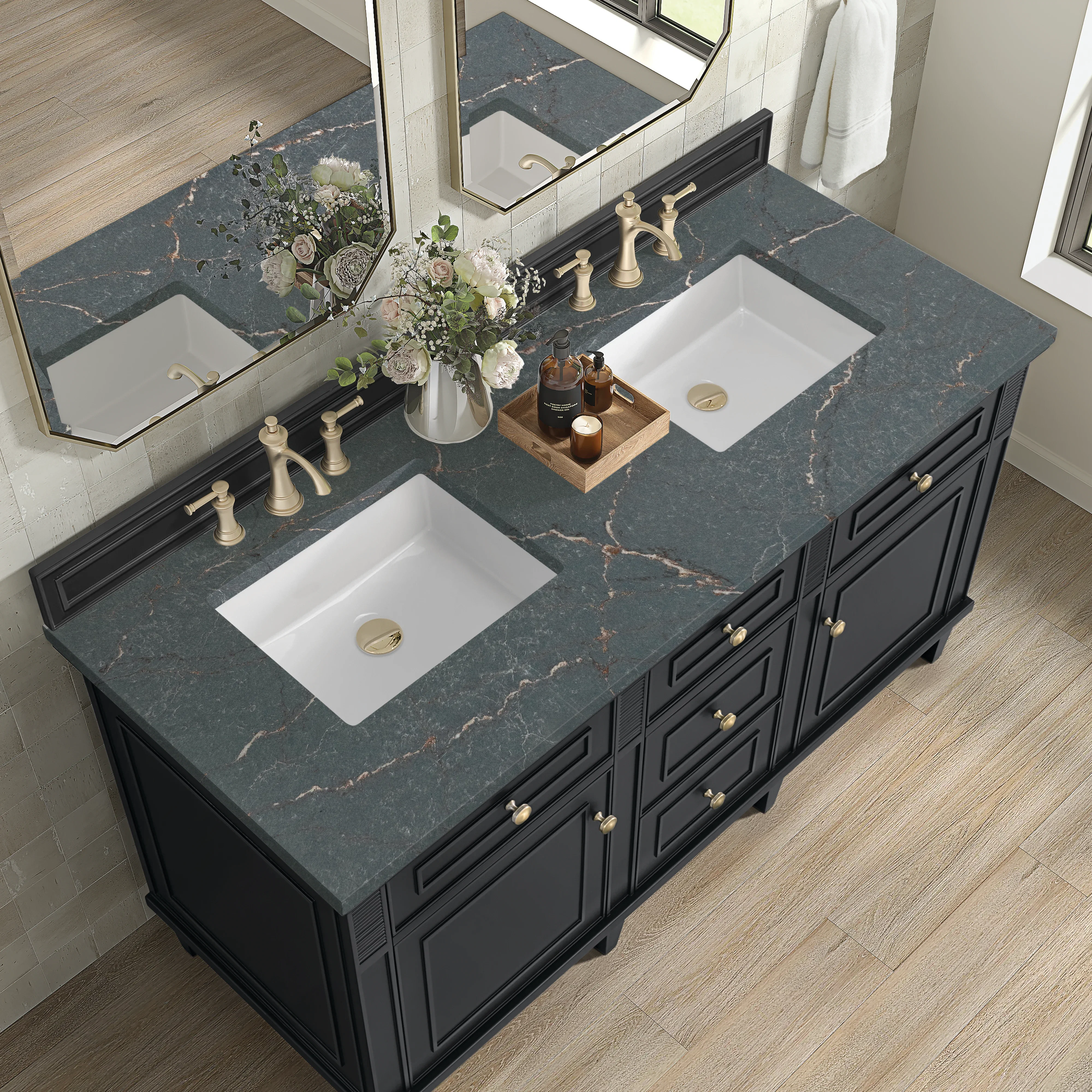 Lorelai 60" Double Vanity, Black Onyx w/ 3 CM Parisien Bleu Silestone Top