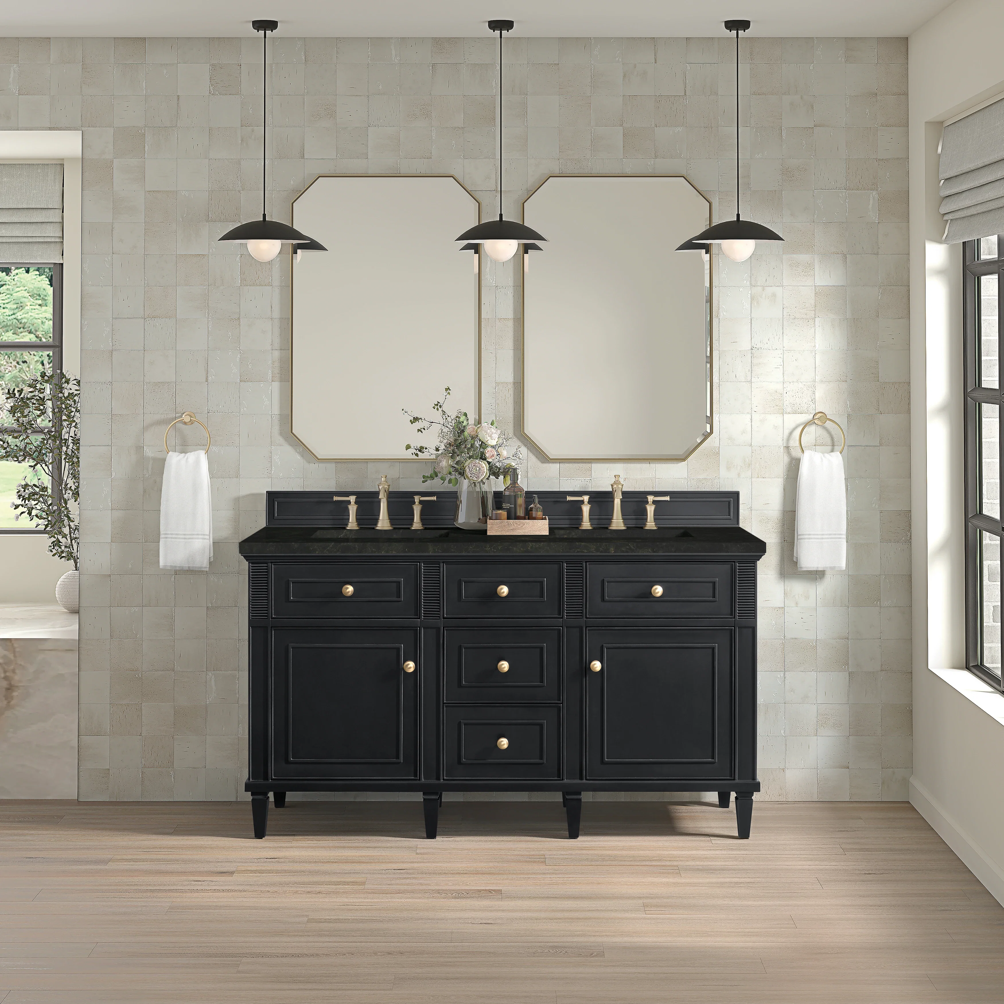 Lorelai 60" Double Vanity, Black Onyx, w/ 3 CM Phantome Eclos Top