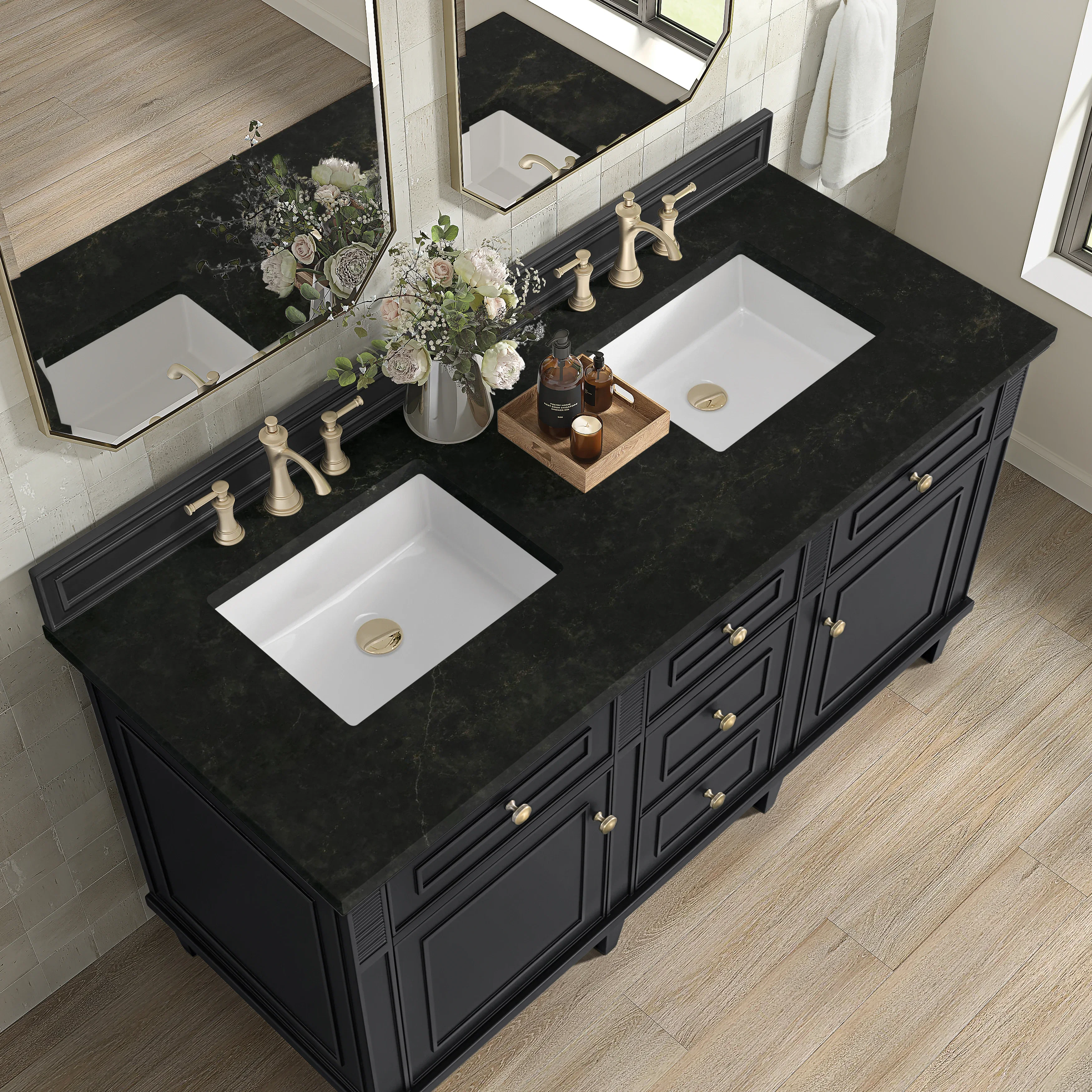 Lorelai 60" Double Vanity, Black Onyx, w/ 3 CM Phantome Eclos Top