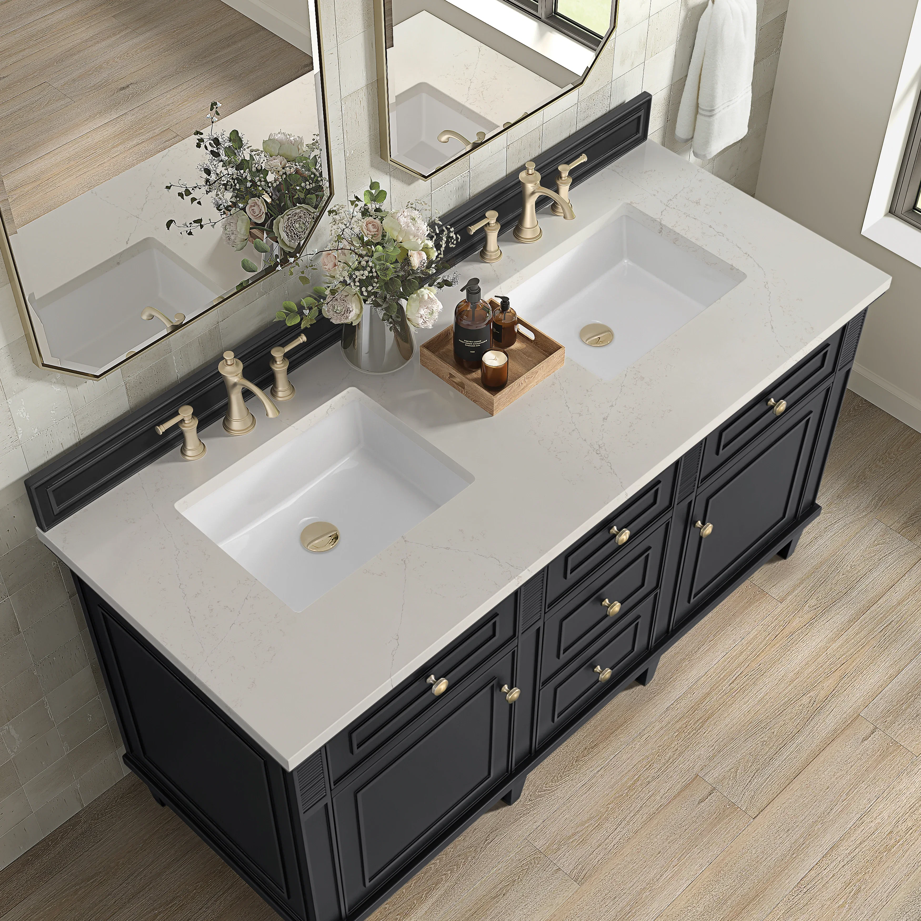Lorelai 60" Double Vanity, Black Onyx, w/ 3 CM Siberian Silestone Top