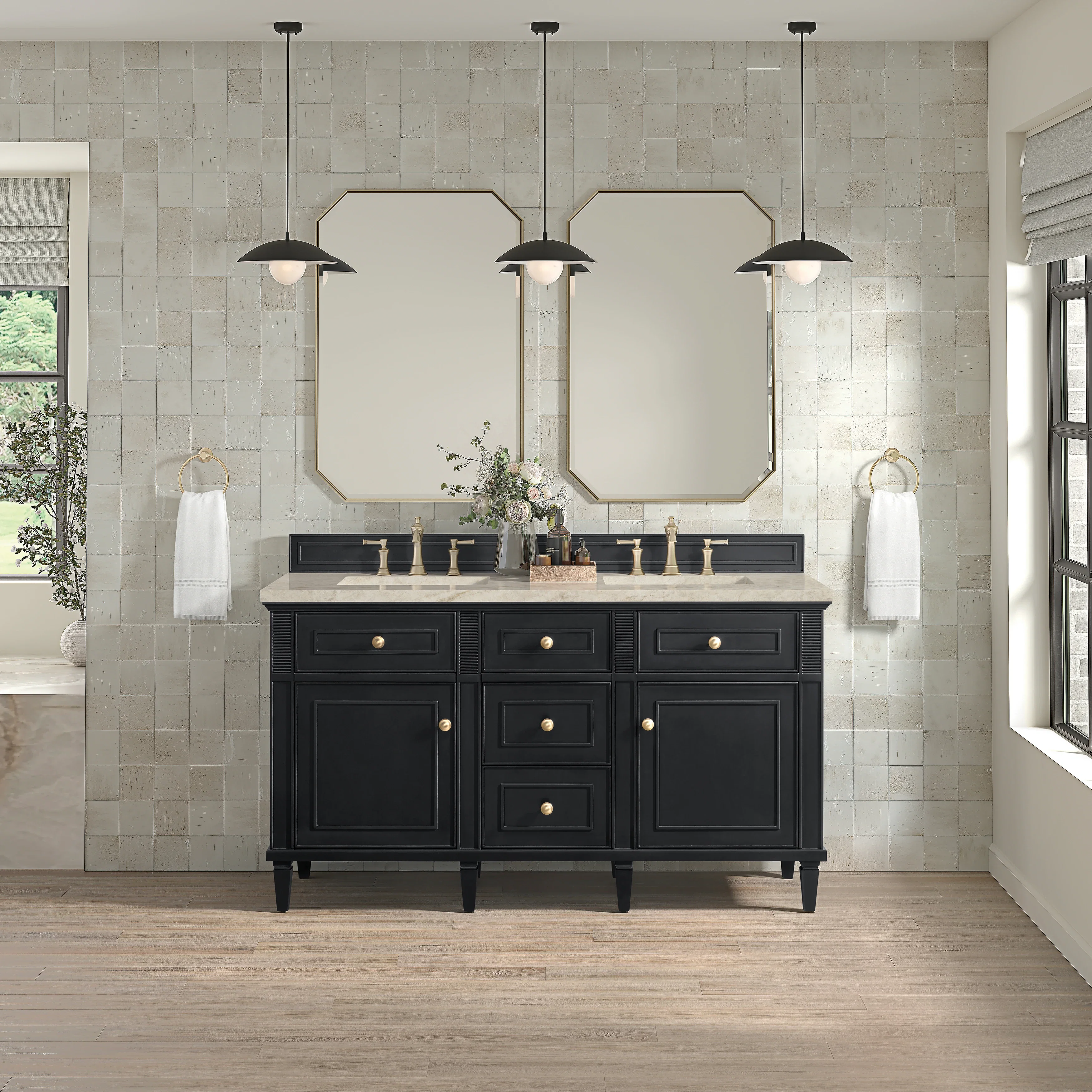 Lorelai 60" Double Vanity, Black Onyx, w/ 3 CM Tajnar Eclos Top