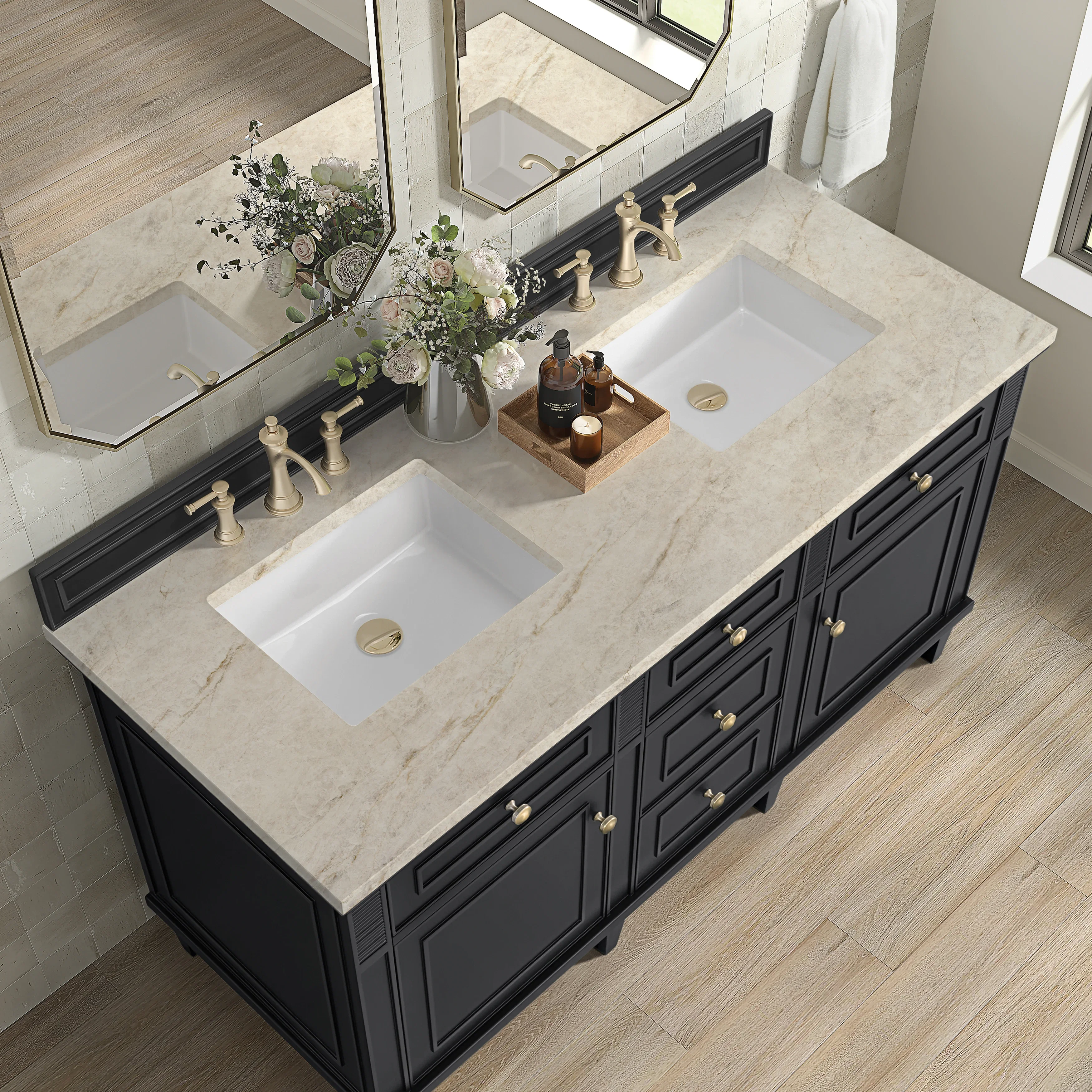 Lorelai 60" Double Vanity, Black Onyx, w/ 3 CM Tajnar Eclos Top