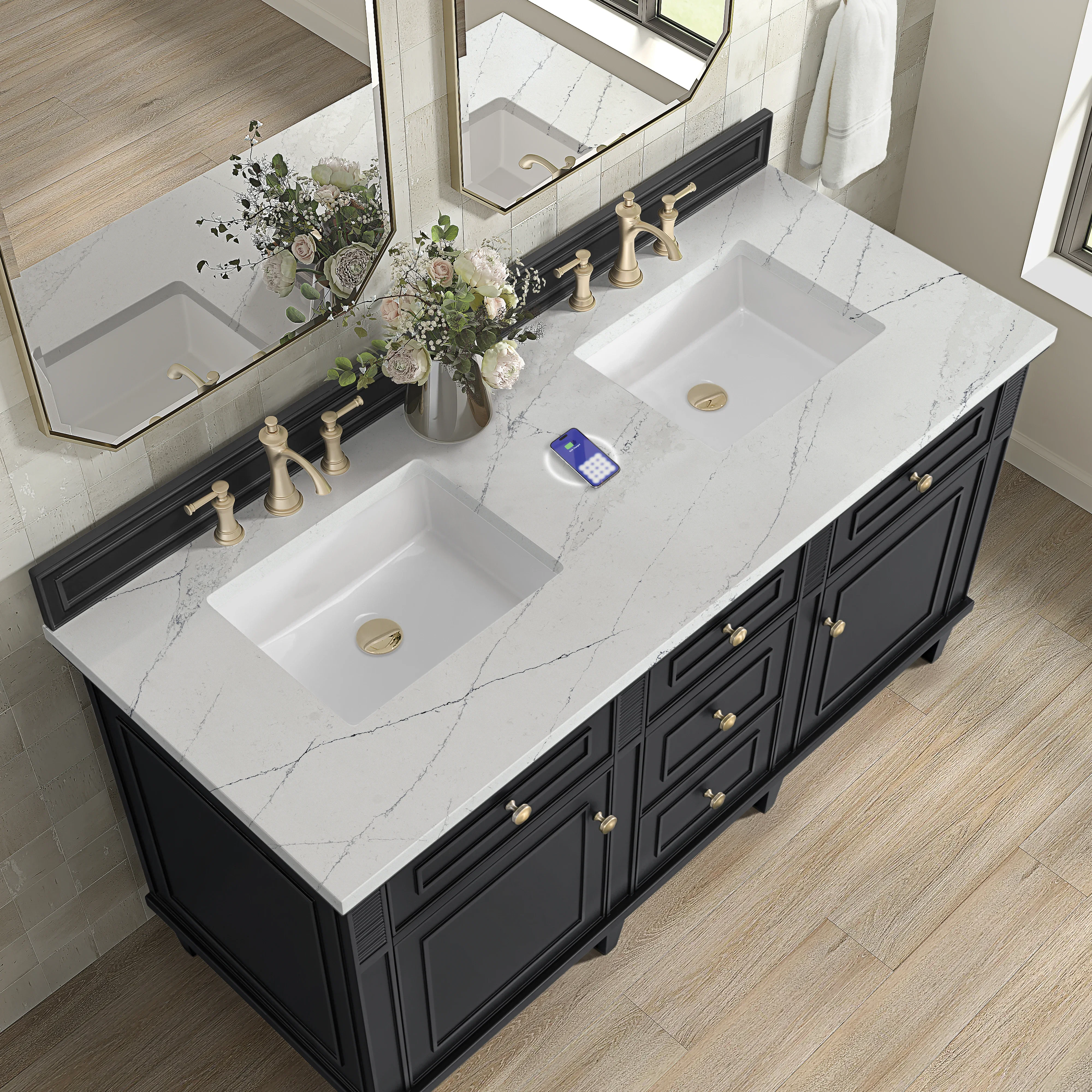Lorelai 60" Double Vanity, Black Onyx w/ 3 CM Ethereal Noctis Silestone Top w/FreePower Wireless Charger