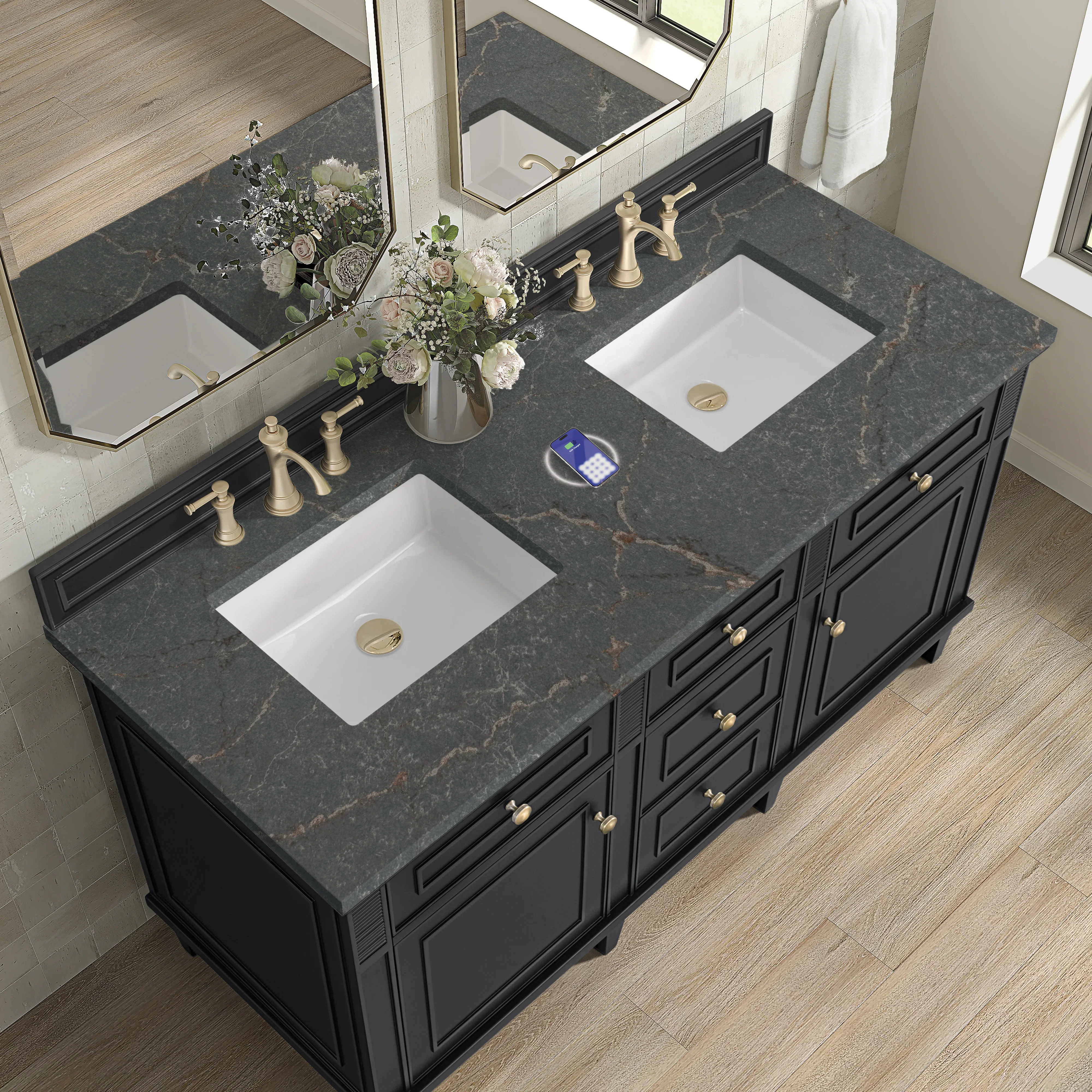 Lorelai 60" Double Vanity, Black Onyx w/ 3 CM Parisien Bleu Silestone Top w/FreePower Wireless Charger