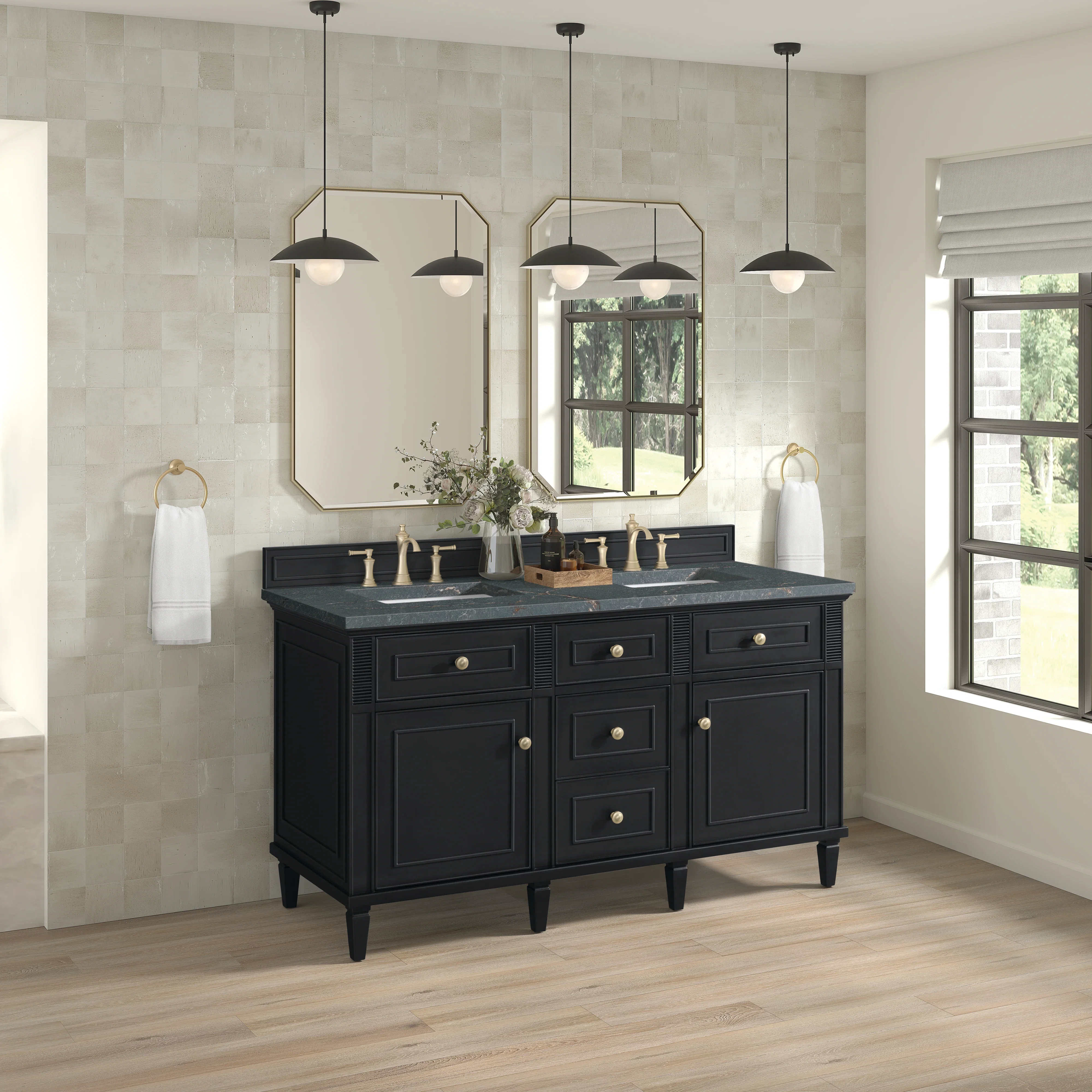 Lorelai 60" Double Vanity, Black Onyx w/ 3 CM Parisien Bleu Silestone Top w/FreePower Wireless Charger