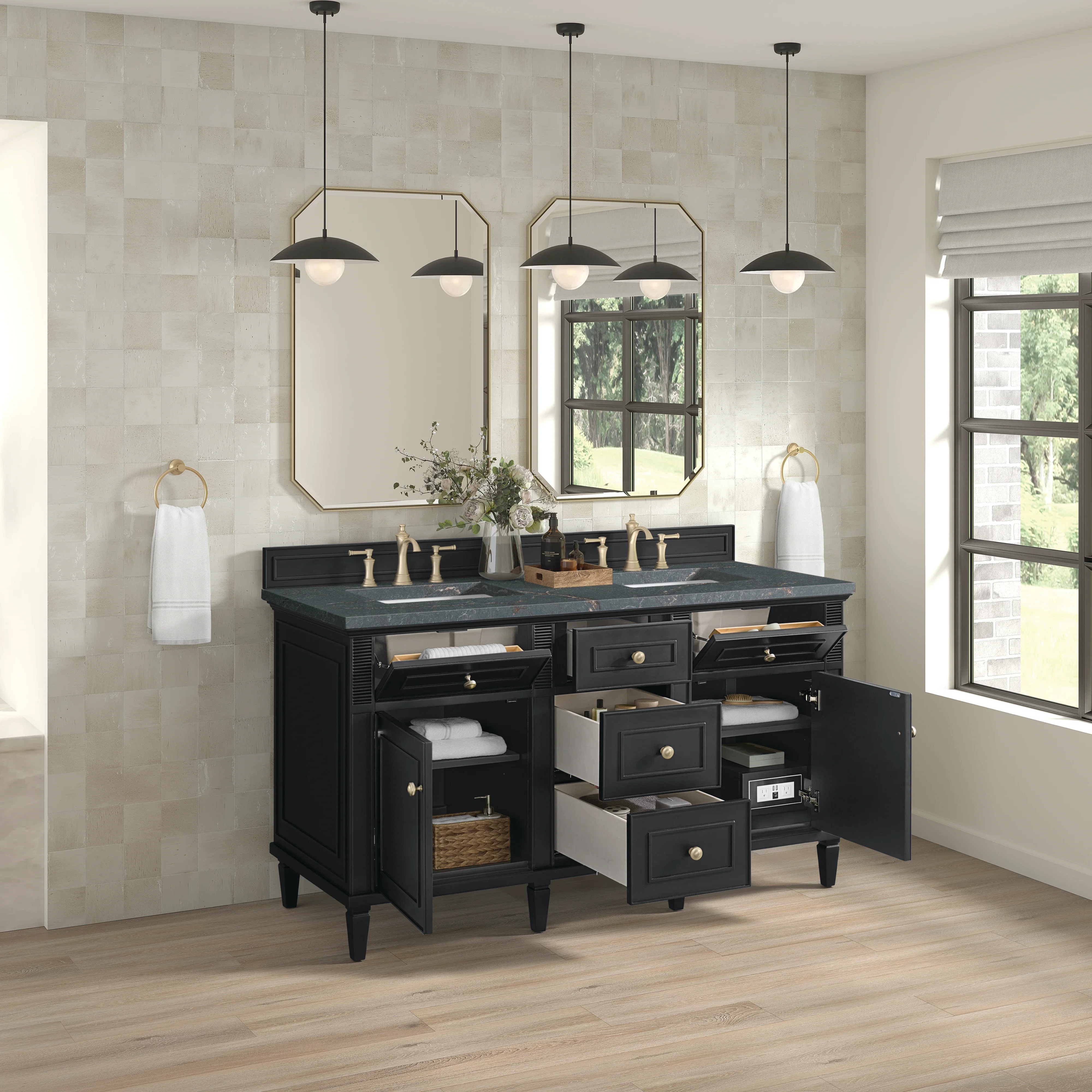 Lorelai 60" Double Vanity, Black Onyx w/ 3 CM Parisien Bleu Silestone Top w/FreePower Wireless Charger